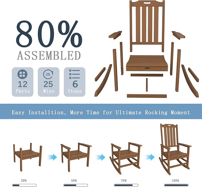 Oversized Rocking Chair Set of 2, Outdoor Rocking Chair for Adults, All Weather Resistant Porch Rocker for Lawn Garden, Wood