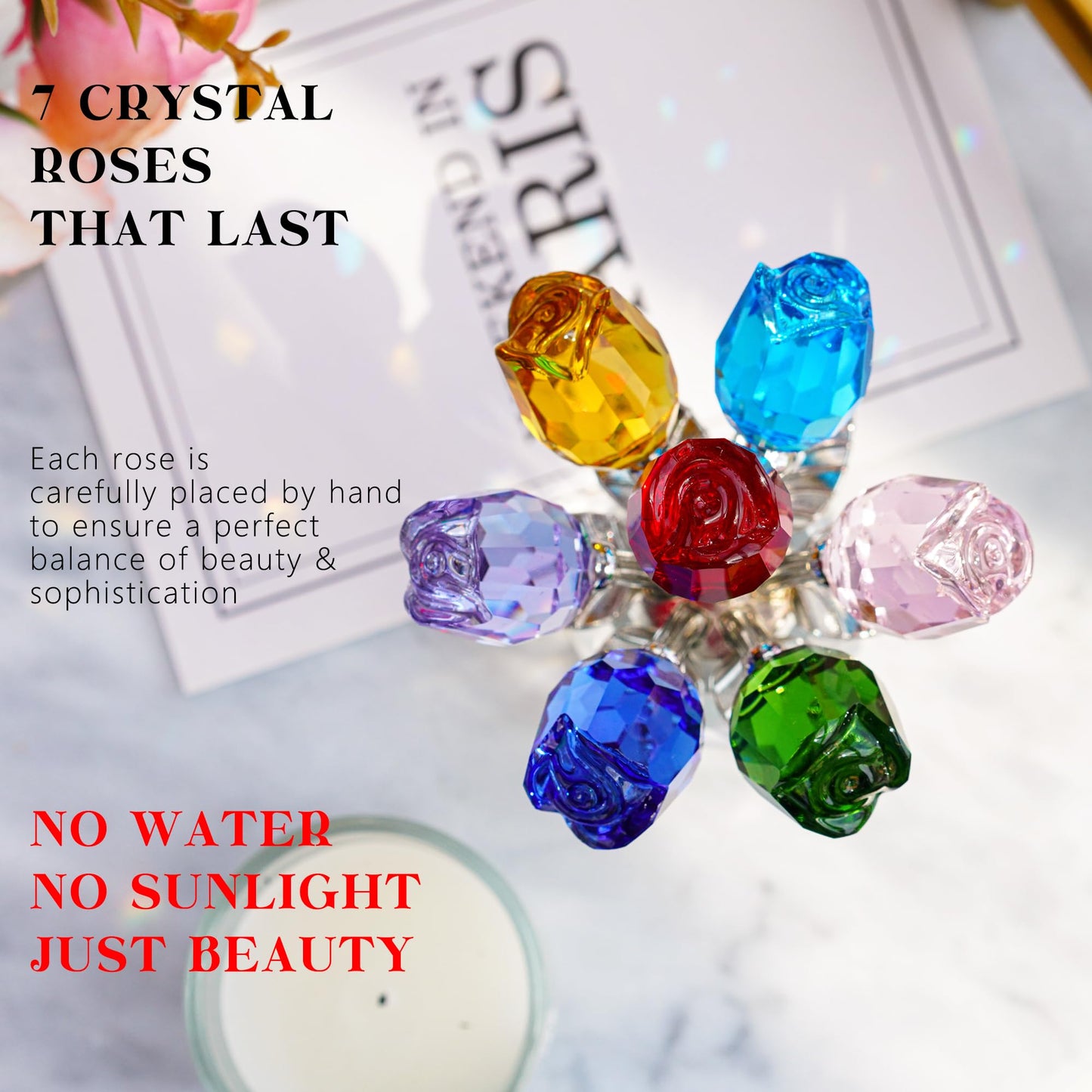 H&D HYALINE & DORA Colorful Crystal Rose Figurine - Rose Flower Gifts for Women - Wedding Party Collectible Figurines - Gift Box Included