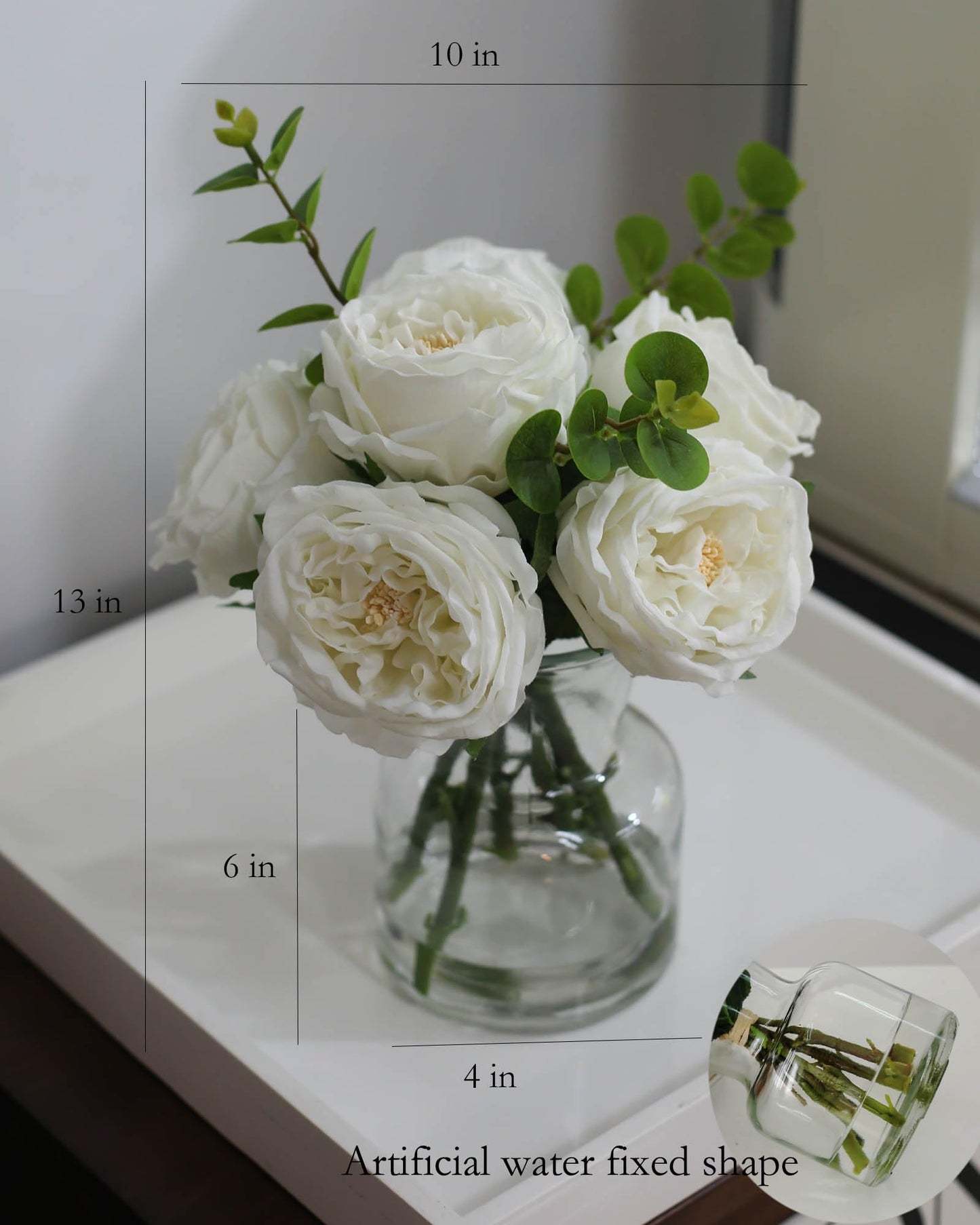 CHASMILE Artificial Flowers with White Roses in Vase, Fix Lifelike Fake Flowers in Vase with Artificial Water, Faux Flower Arrangements for Dining Table Centerpiece Decor