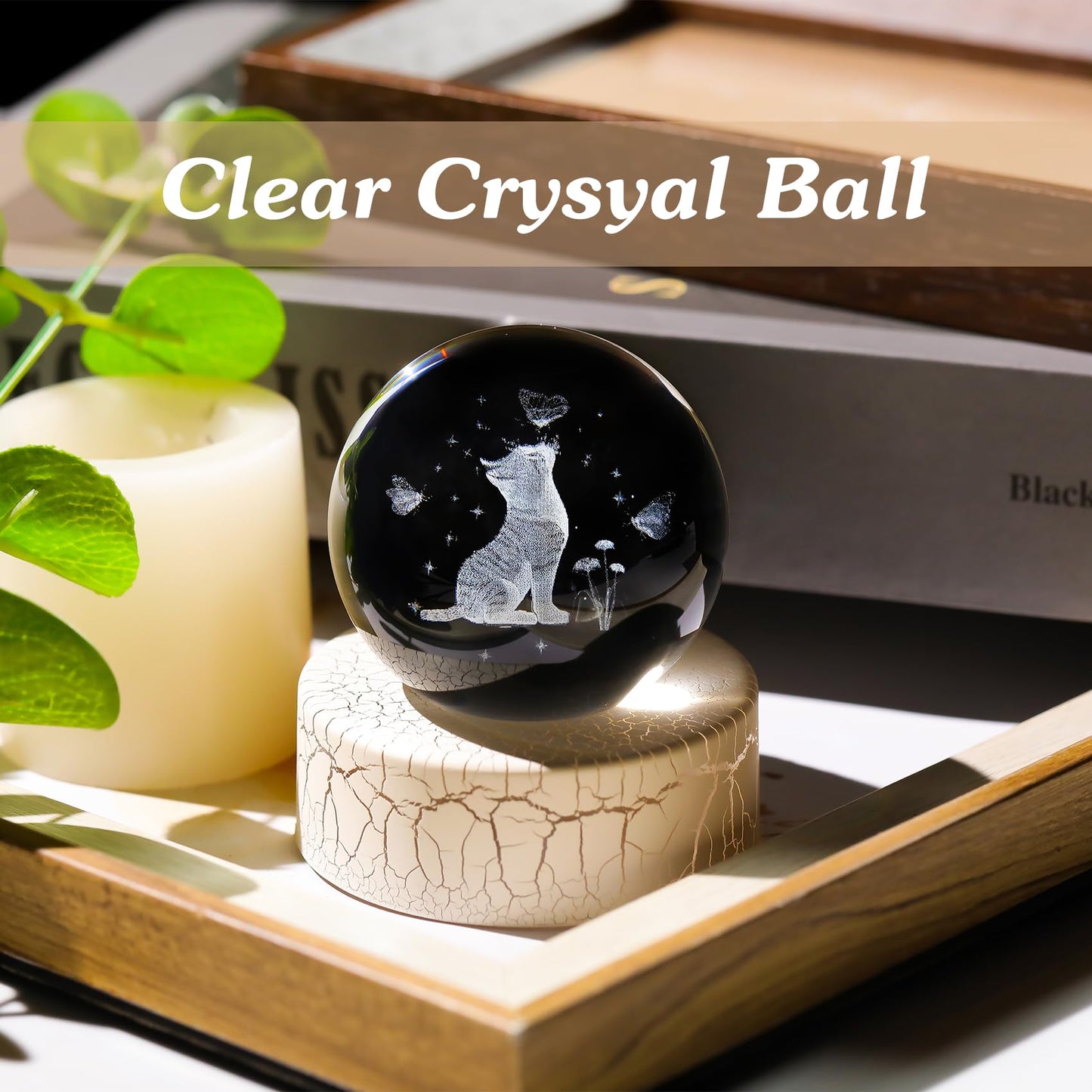 2.36in. Miniatured Cat with Butterflies Birthday Christmas for Women Girlfriend, 3D Glass Engraved Cute Cat K9 Crystal Ball with Light Base for Home Office Decoration