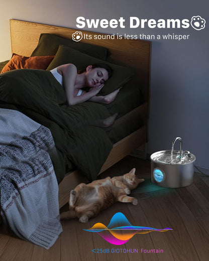 Cat Water Fountain Stainless Steel: 74oz/2.2L Cat Fountain for Drinking - Pet Water Fountain for Cats Inside - Quiet Cats Water Bowl Dispenser - Kitty Drinking Fountains - for Pets& Small Animals