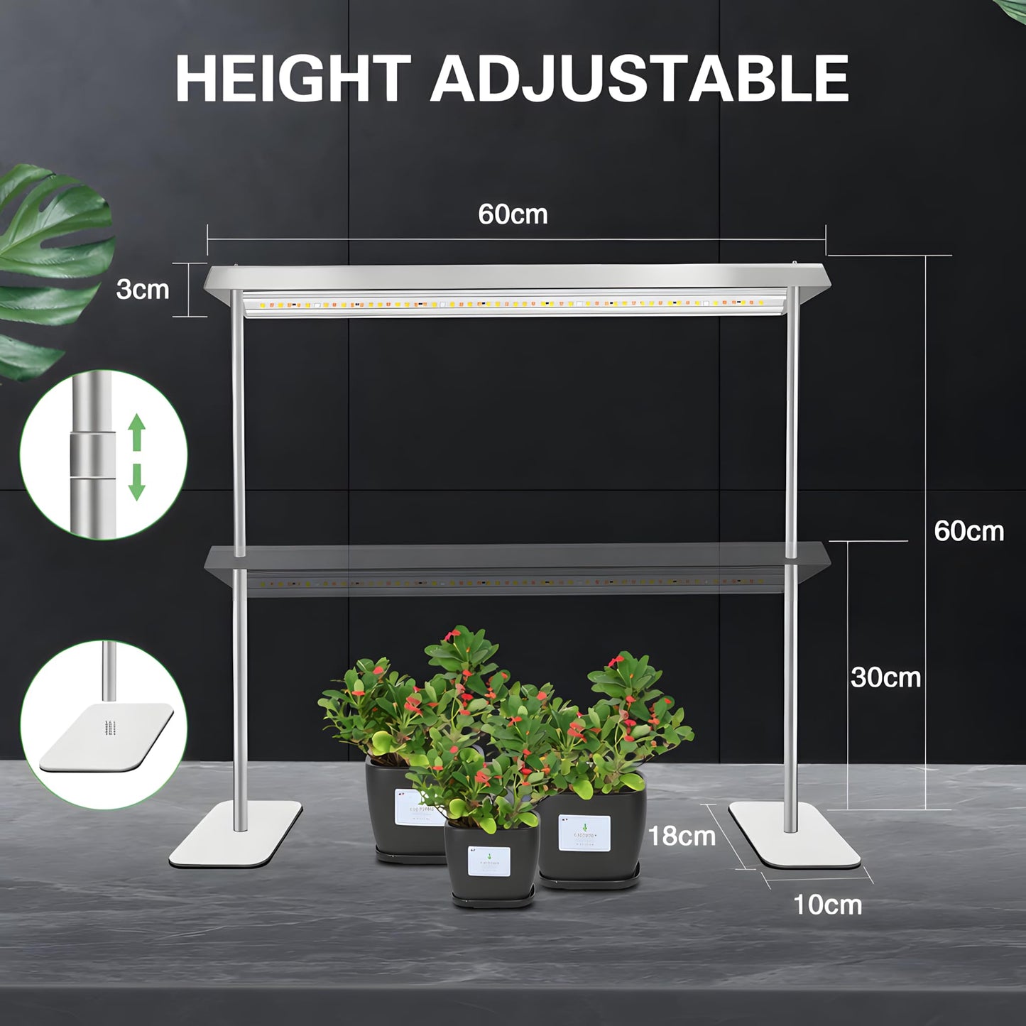 SDOVUERC Grow Light Stand with Aluminum Alloy Frame, 60W High-Power Full Spectrum Plant Grow Lights for Indoor Plants, 4/8/12H Timer, 10 Dimmable Levels, Adjustable Height, Ideal for Seedlings