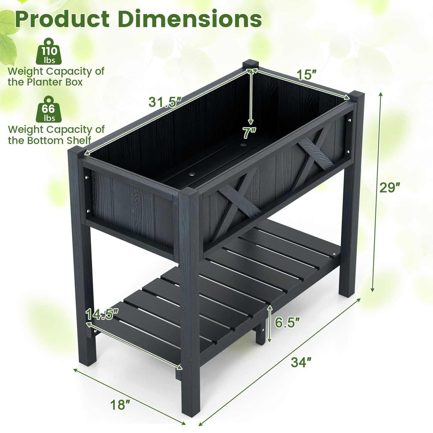Giantex HIPS Raised Garden Bed, Elevated Planter Box w/Legs, Storage Shelf, Drainage Holes, Weather-Proof Standing Raised Beds for Backyard Balcony Flower Vegetable (Black, 34" x 18" x 29")