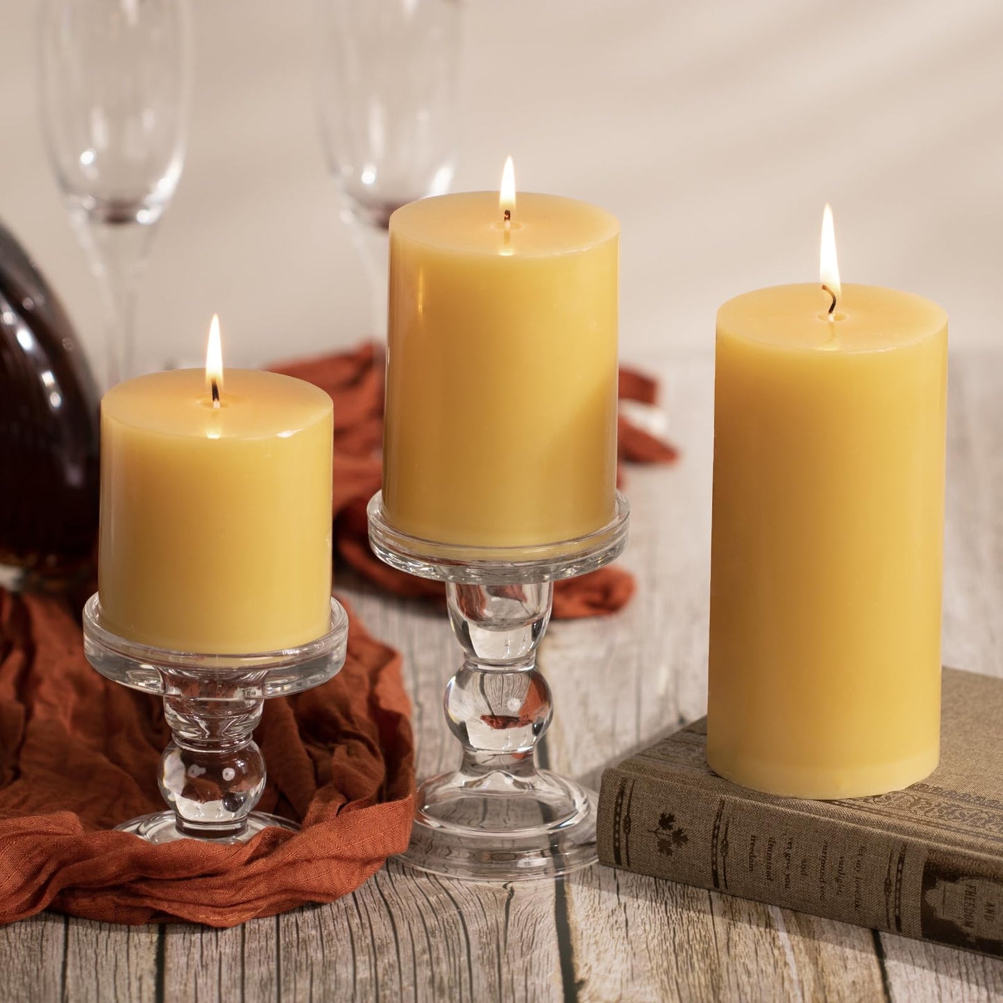 KONNI Mustard Yellow Pillar Candles Set of 3, 3"x 4" Unscented Pillar Candles Bulk, 39 Hours Long Burning Candles, Smokeless&Dripless Large Round Candle for Wedding, Home Decoration, Parties