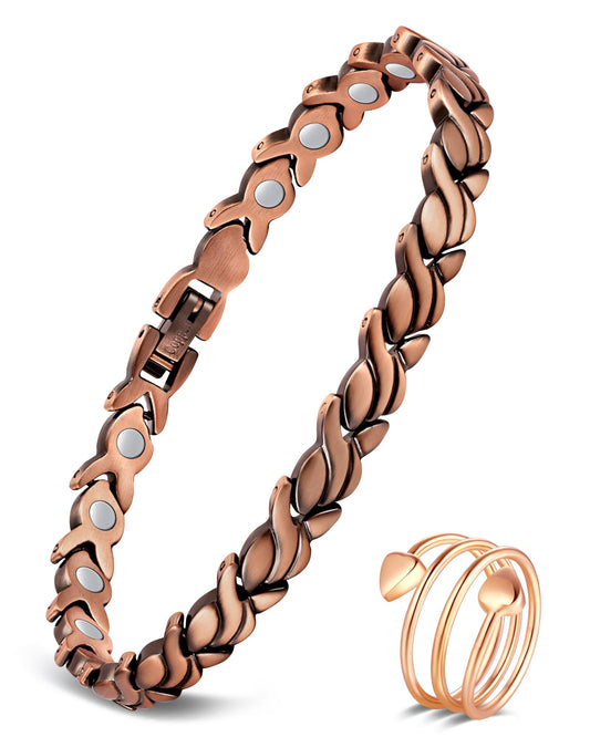 Feraco Copper Bracelet for Women 99.99% Solid Copper Magnetic Bracelets, Unique X Shape Links, Magnetic Field Therapy Jewelry Gifts (Fishtail + Ring)