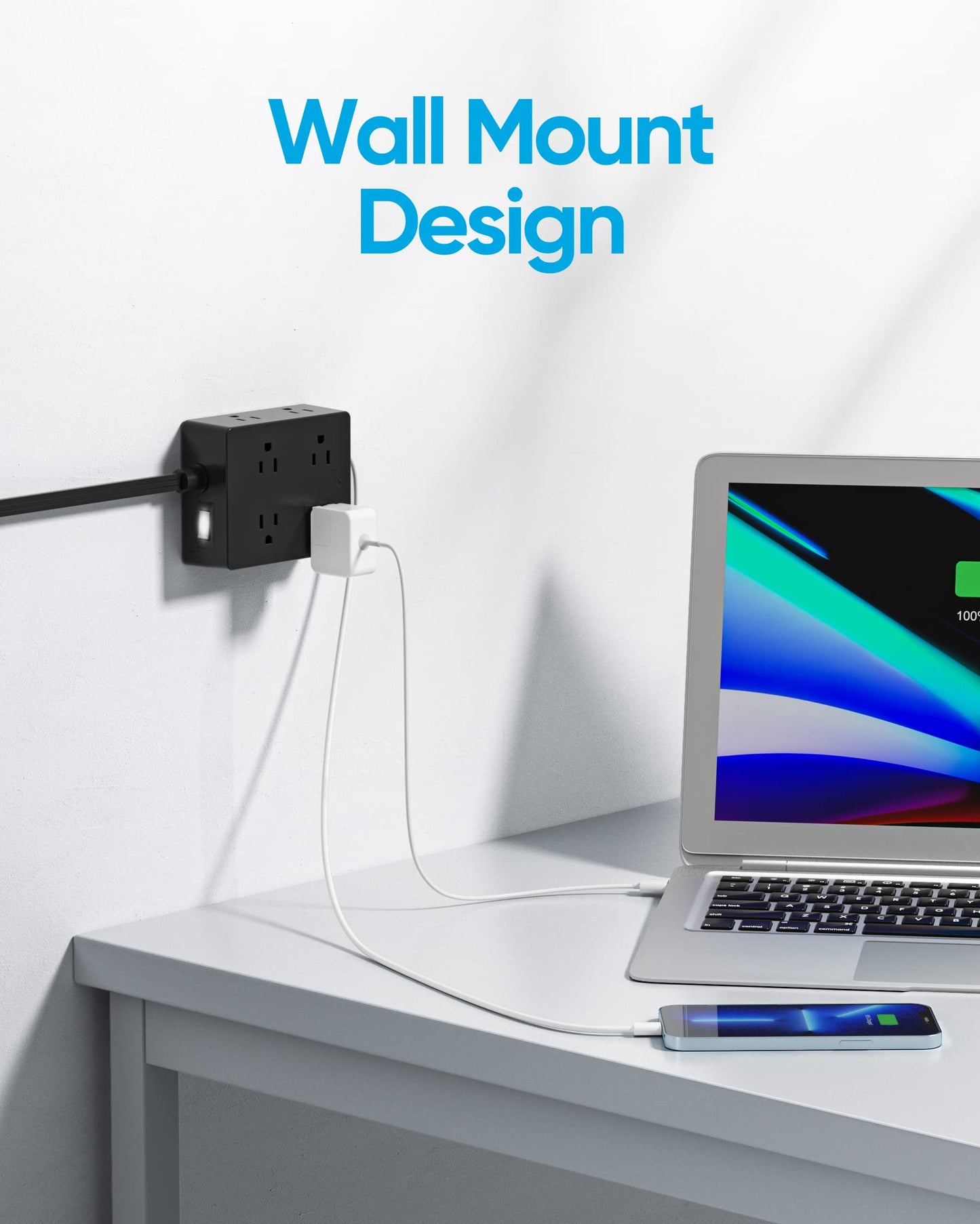 Surge Protector Power Strip, Olcorife Ultra Thin Flat Plug Extension Cord 5ft, 8 Outlets 4 USB Ports(1 USB C), Flat Wall Plug Outlet Extender, College Dorm Room Essentials, Black