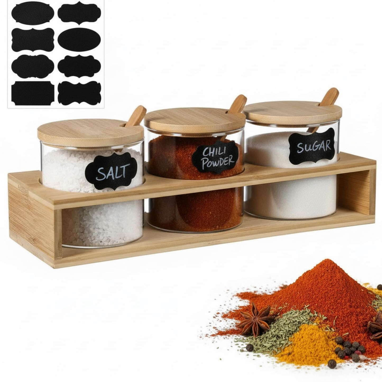 Yiyiring Set of 3 Spice Container Condiment Jar with Bamboo Lids and Spoons Clear Glass Spice Jar Kitchen Storage Container for Salt Sugar Tea Coffee Saving Seasoning Canister Organizer for Counter