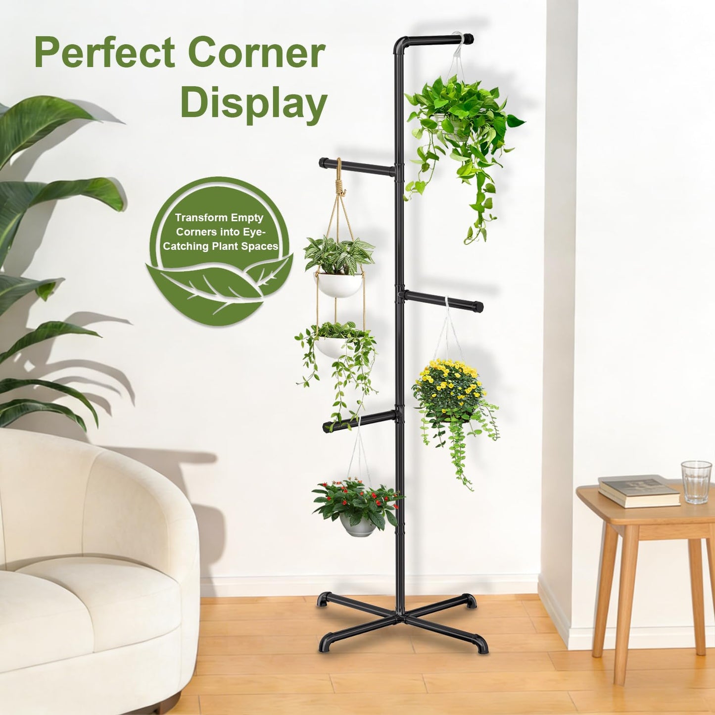 Chloraeon Hanging Plant Stand, Plant Hanger Indoor, Corner Hanging Plant Stand, Black Metal Holder for Bedroom, Living Room, Garden, Balcony (large)