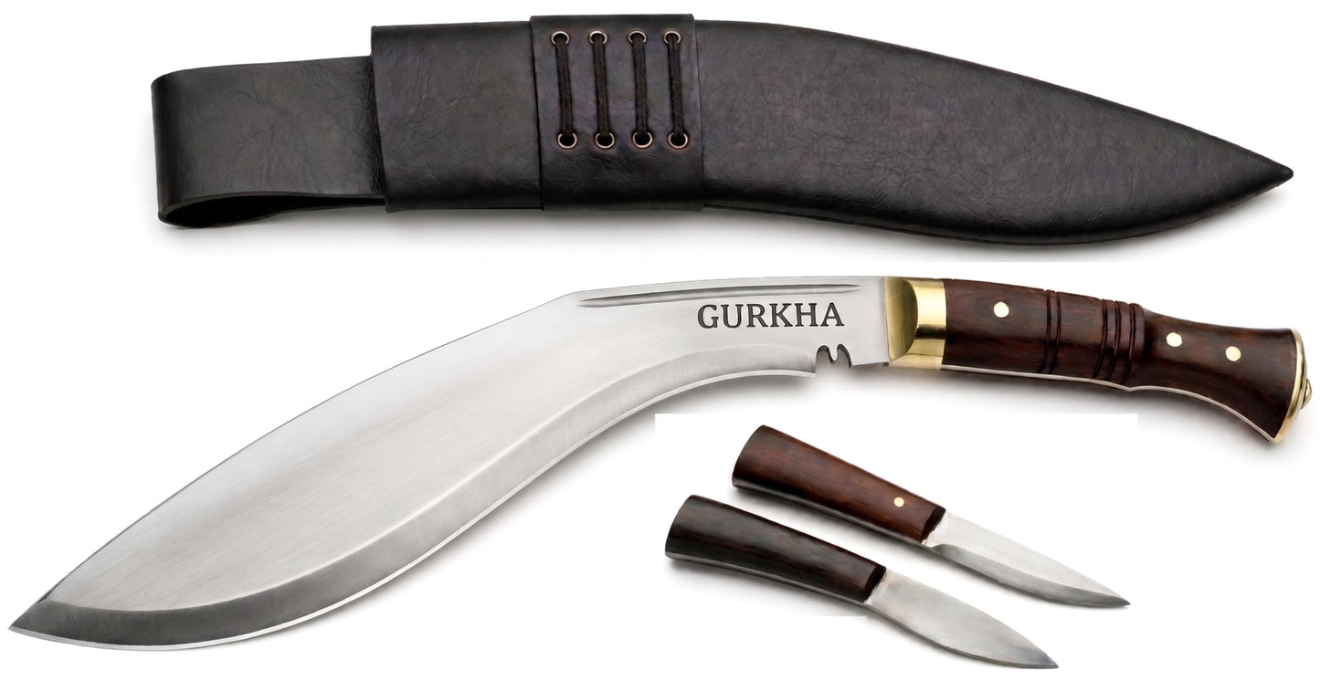 Gurkha Kukri Knife – Hand-Forged in Nepal – WW II 11" Carbon Steel Blade | Full Tang Khukuri – Heavy Duty Chopping, Survival & Bushcraft with 2 Utilities Knives & Leather Sheath