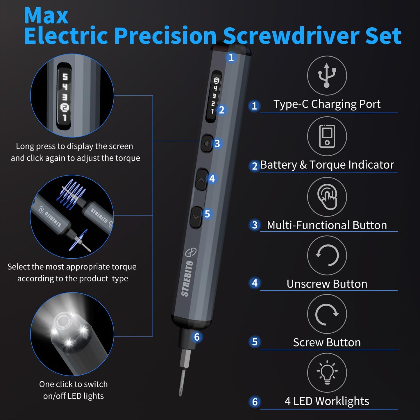STREBITO Mini Electric Screwdriver Set, 70-in-1 Max Precision Electric Screwdriver Kit with Lights, 5 Upgraded Torque Levels, 64 Magnetic Bits, Electric Screwdriver Cordless for PC RC Electronics