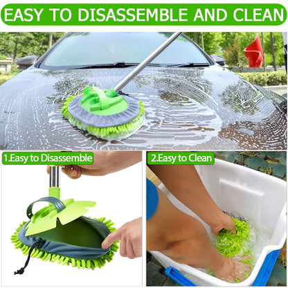 WillingHeart 47.5" Car Wash Brush Mop Cleaning Tool with Long Handle Kit for Washing Detailing Cars Truck, SUV, RV, Trailer, Boat 2 in 1 Chenille Microfiber Sponge Duster Not Hurt Paint Scratch Free