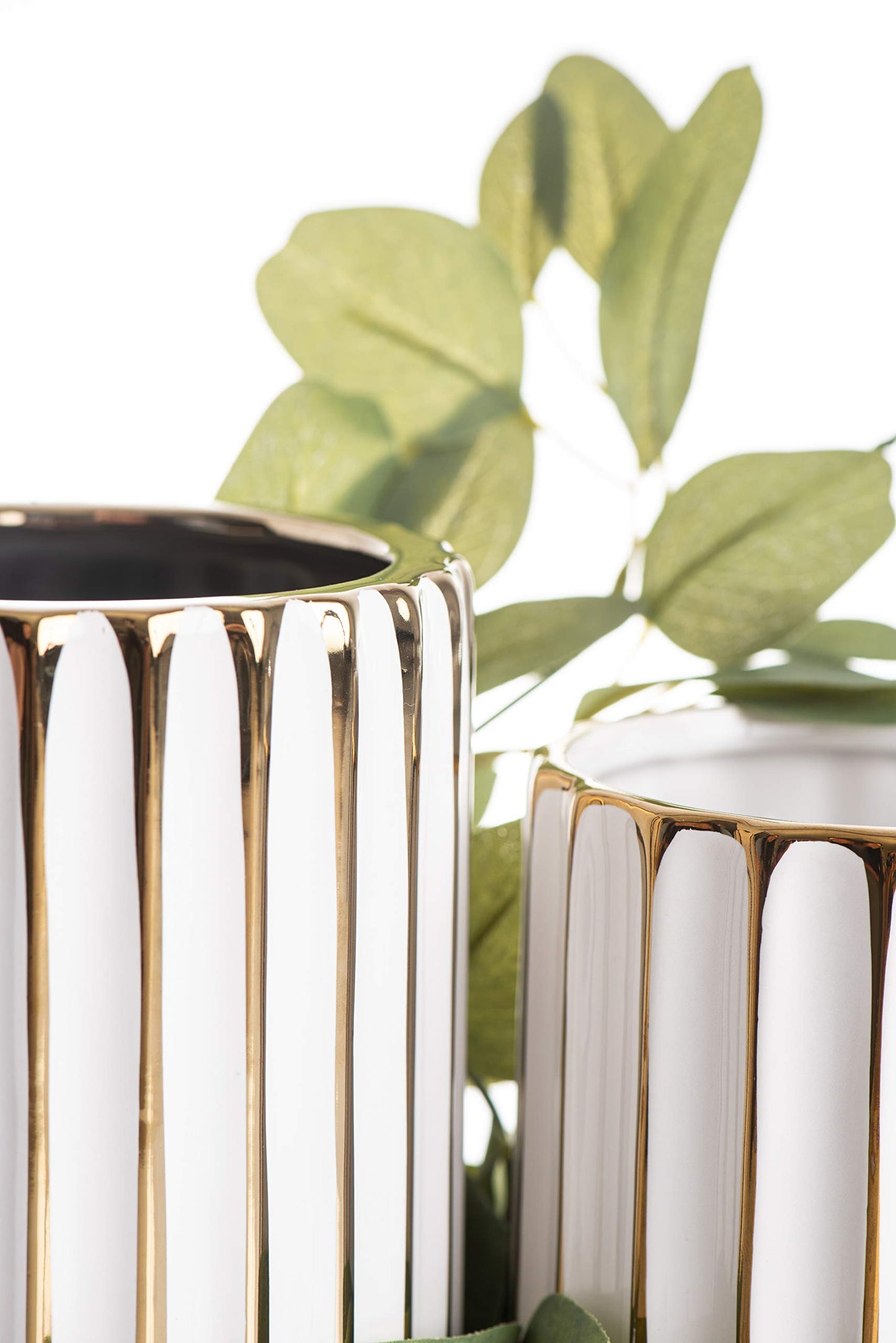 jupriverco White & Gold Vase-Elegant Home Decor-Flower Vase-Kitchen Centerpiece-Geometric Ridges-Beveled Bottom-Modern/Contemporary Design - Wedding Table Accent - Boho Pottery - Gold- H-8.27" D-4.74"