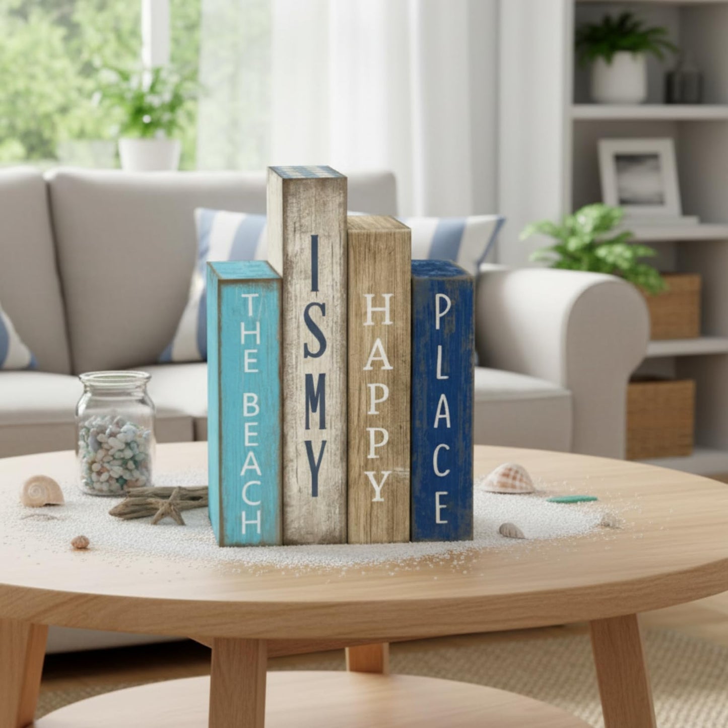 Lineshading 4 Pcs Summer Table Decoration Wooden Book Coastal Beach Decoration Blue and White Summer Tiered Tray Decor Wood Book Signs Farmhouse for Ocean Party Home Shelf Coffee Table