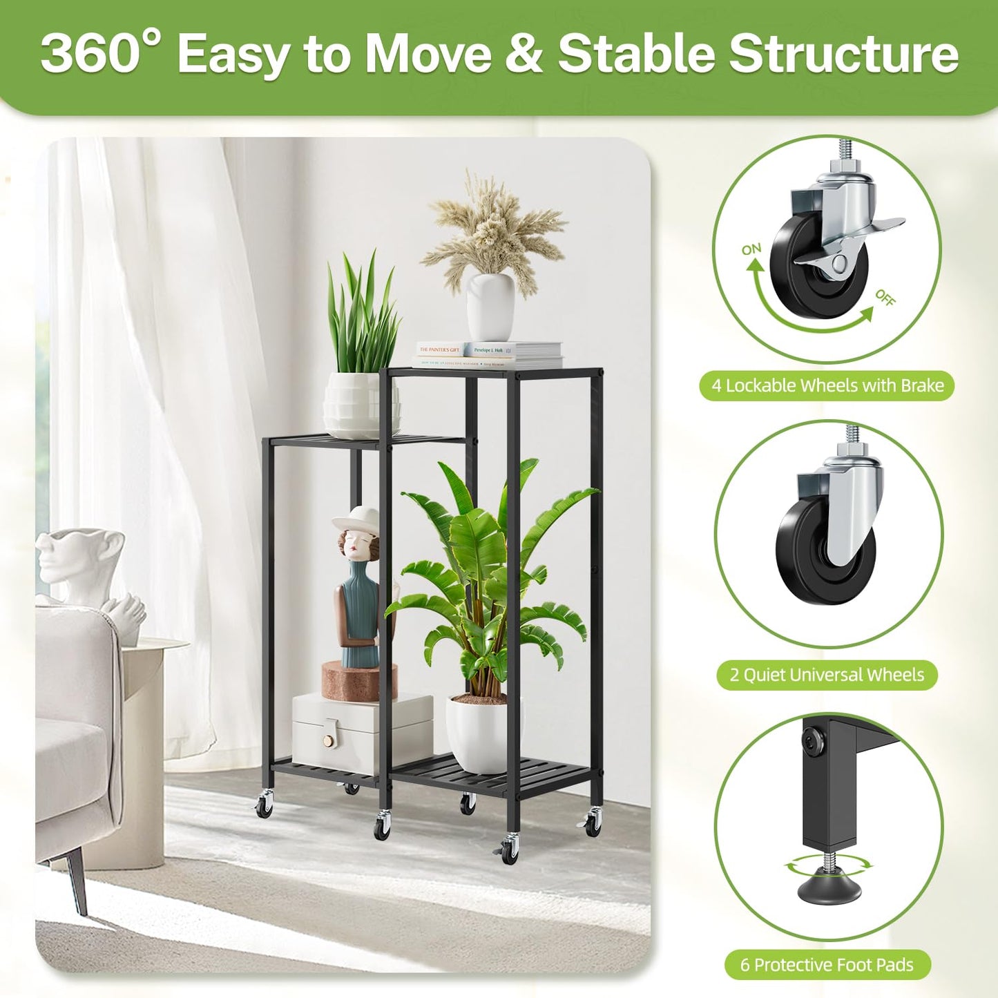 iDavosic.ly 4 Tier Plant Stand Indoor with Wheels, Metal Tiered Corner Flower Holder Shelf Outdoor for Large Pots, Tall Rolling Rack for Patio Porch Garden Balcony Living Room, Modern Black
