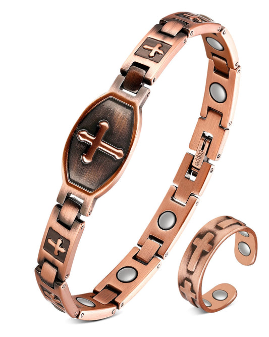 Jecanori 99.99% Pure Copper Magnetic Bracelets for Women, Copper Cross Bracelet With Ring, Ideal Gift