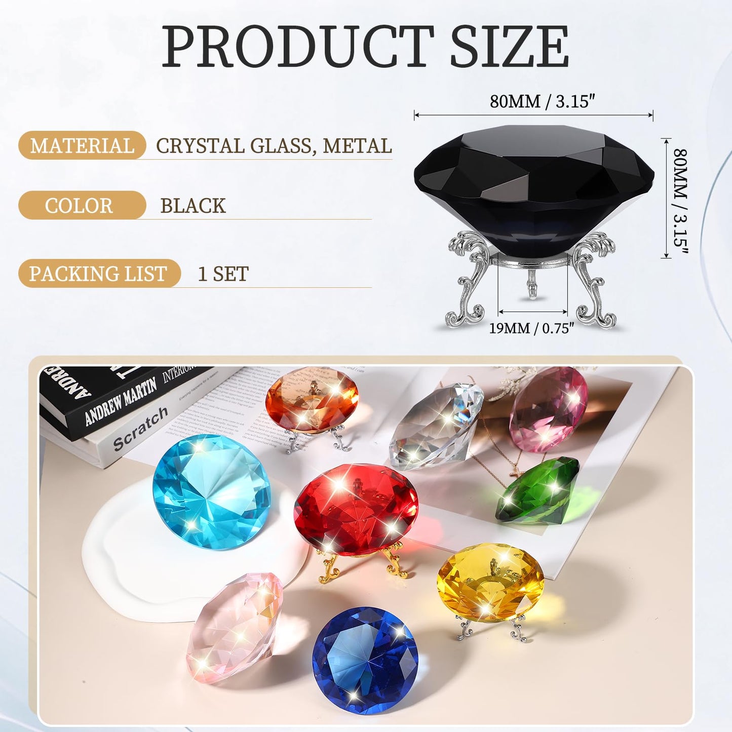 PATIKIL Diamond Crystal Paperweight, 80mm / 3.15" Crystal Paperweight Paper Weight with Silver 19 Metal Base for Home Office Desktop Table Decor Wedding Party Ornaments, Black
