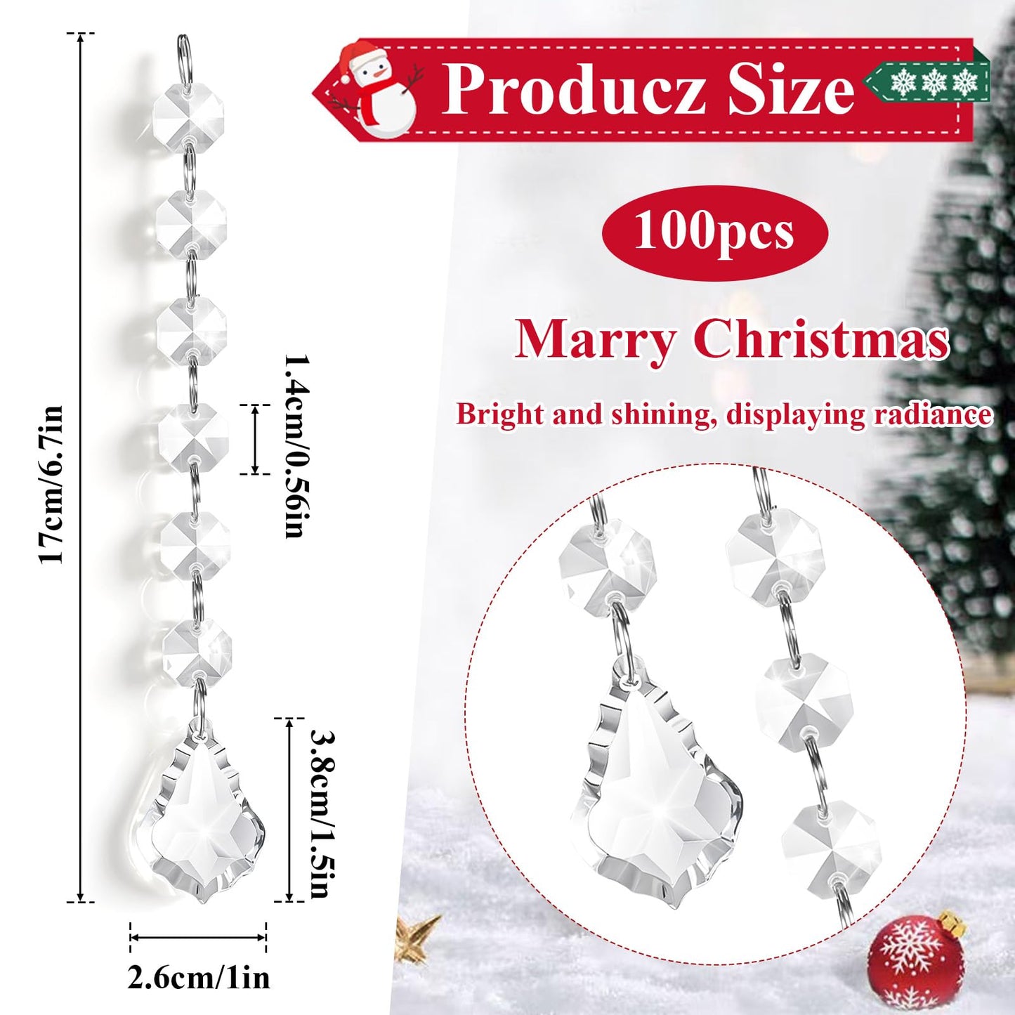 SHENLIU 100 Pcs Clear Acrylic Crystal Ornament Hanging Glass Crystals Beads Clear Acrylic Prisms Pendant Ornaments for Centerpieces, Chandelier, Celebration, Wedding, Christmas, Window Home Decoration