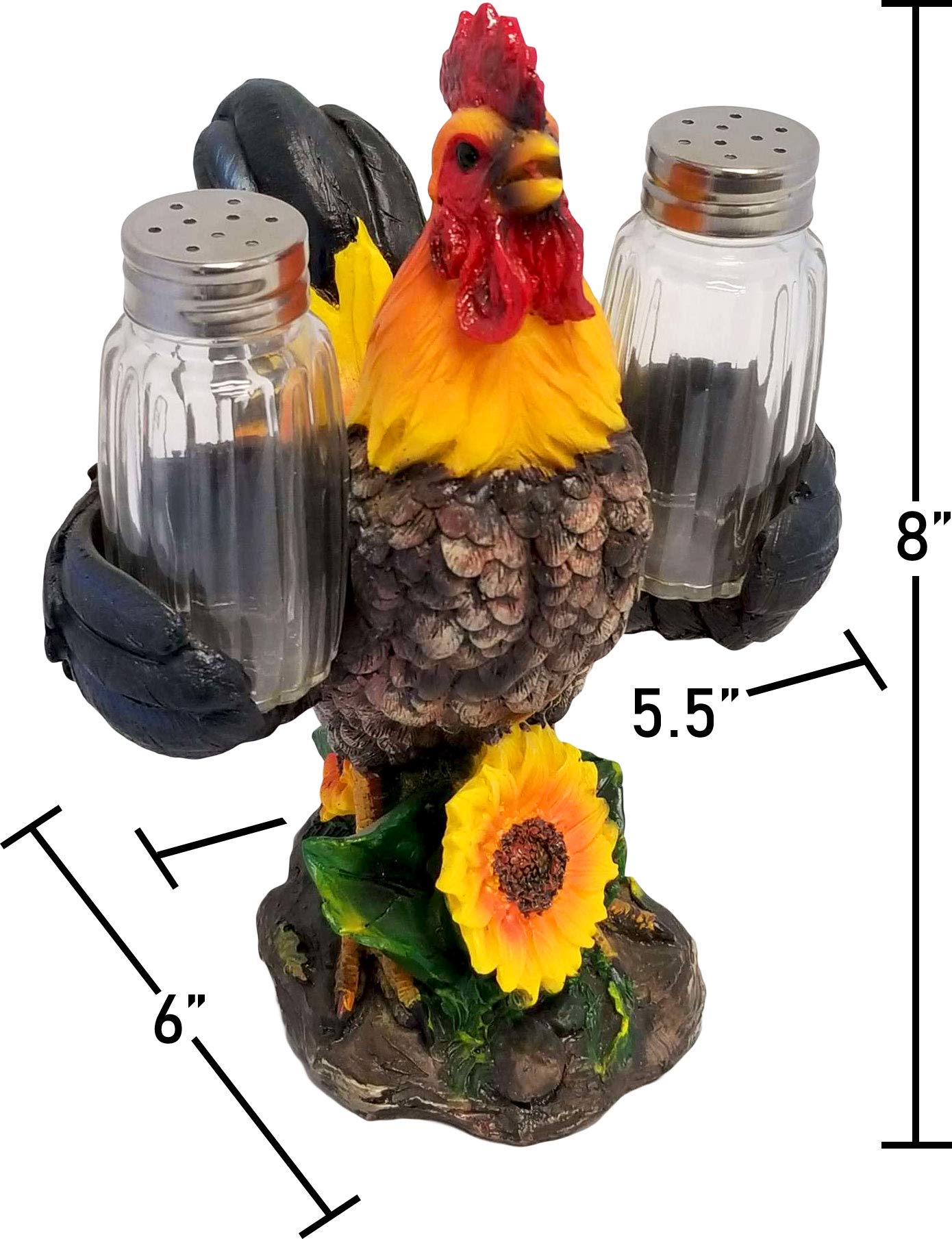 DWK 8-inch Spice to Crow About Country Rooster Salt and Pepper Shaker Figurine Display Holder Kitchen and Dining 3-Piece Set