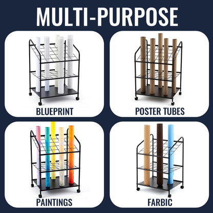WILLBOND Blueprint Storage Rack Wire Roll File Holder with Wheels Metal Blueprint Storage Bin Cart Paper Holder Cabinet Vertical Tube Poster Organizer (30 Slots, 32.28 x18.11 x22.06 lnch)