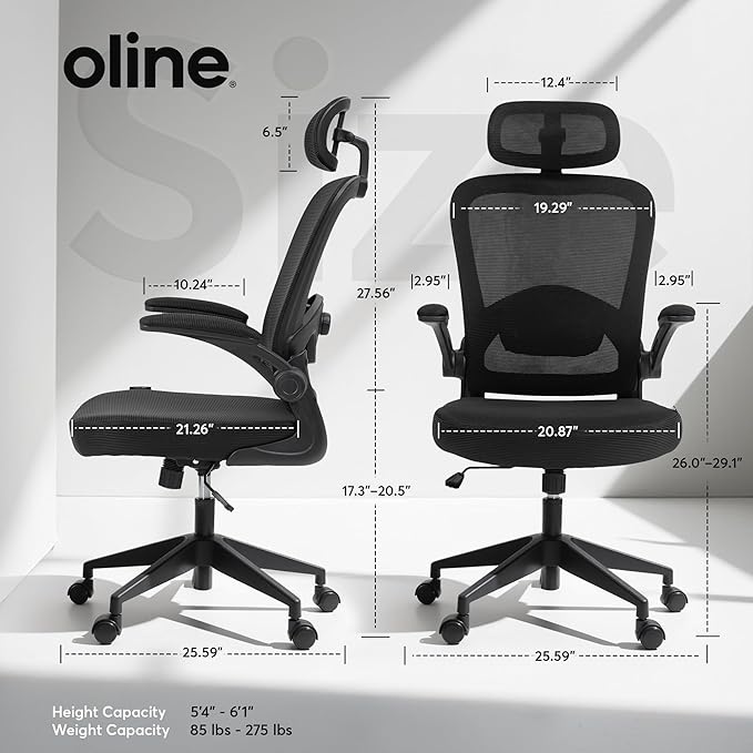 Oline ErgoAir Ergonomic Office Chair – Adjustable Lumbar Support, Flip-Up