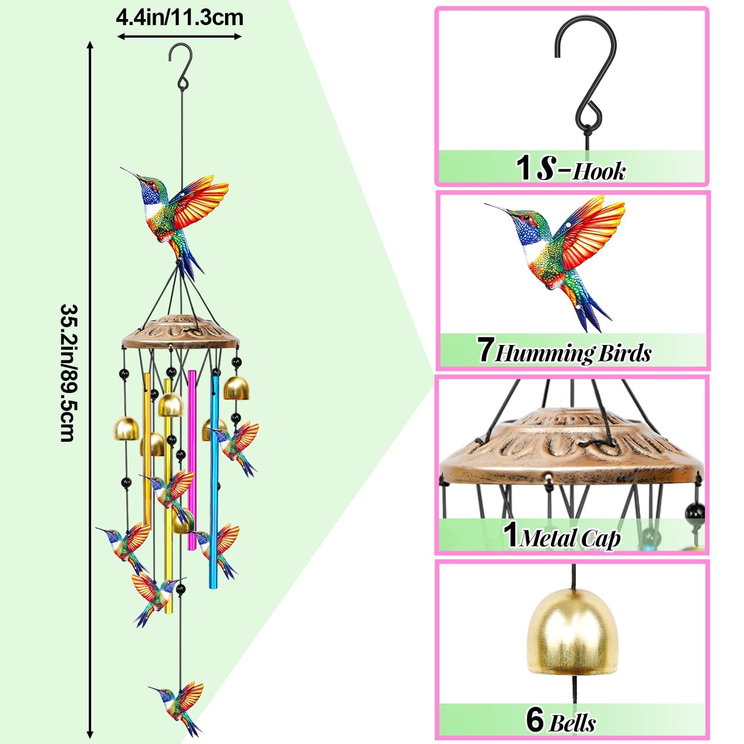 VeyFolzin.st 35" Wind Chimes for Outside, Hand-Tuned Aluminum Windchimes with 6 Bells & Hummingbird Decor, Rustproof Metal Chimes for Garden Patio Porch, Sympathy Memorial Gift(Hummingbird)