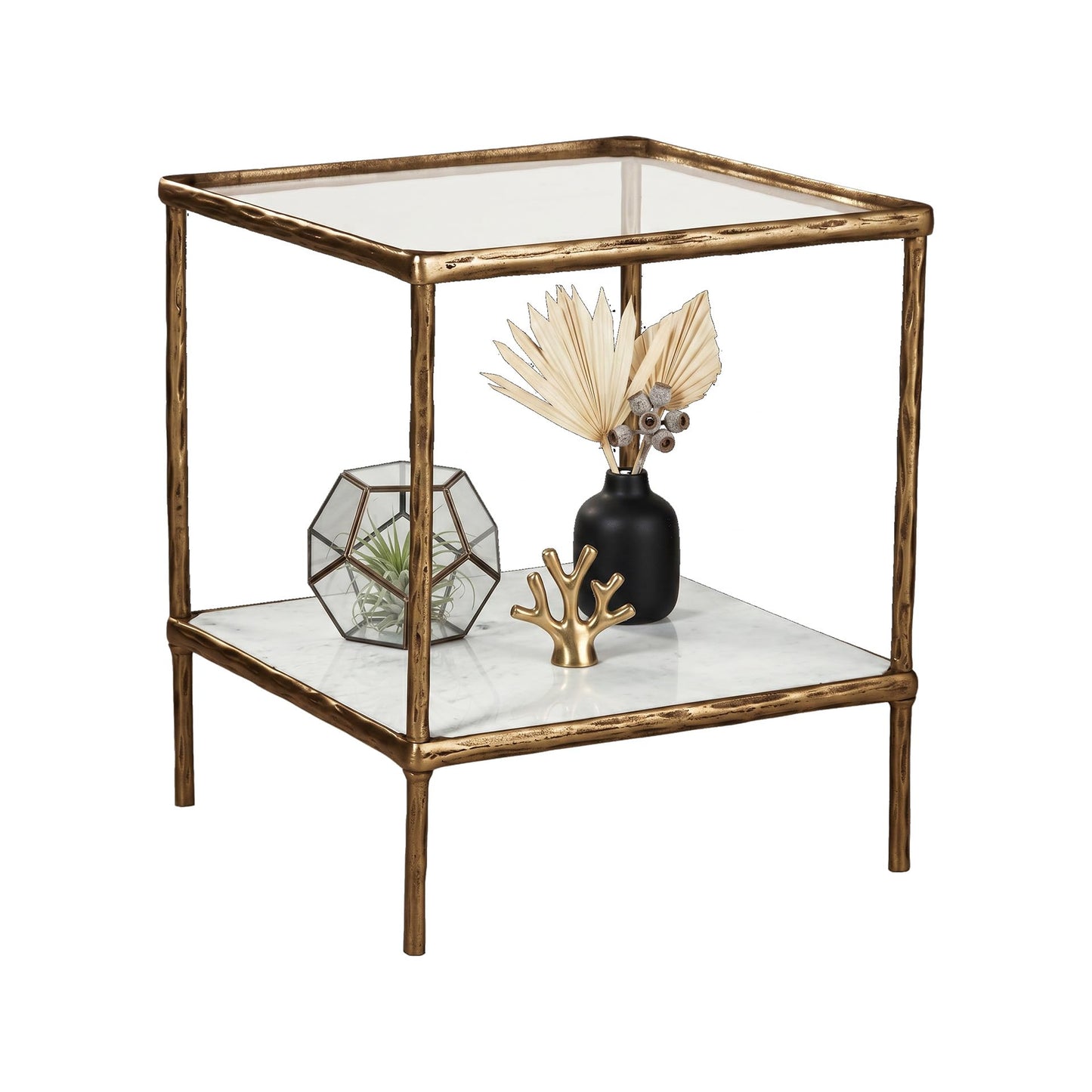 Signature Design by Ashley Ryandale Square Accent Table for Living Room, Sand‑Casted Aluminum Frame With Brass Finish, Glass Top and White Marble Shelf, 21" Size