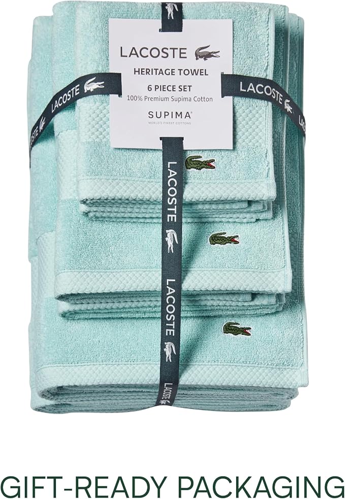 Lacoste Heritage Supima Cotton 6-Piece Towel Set, 2 Bath Towels, 2 Hand Towels