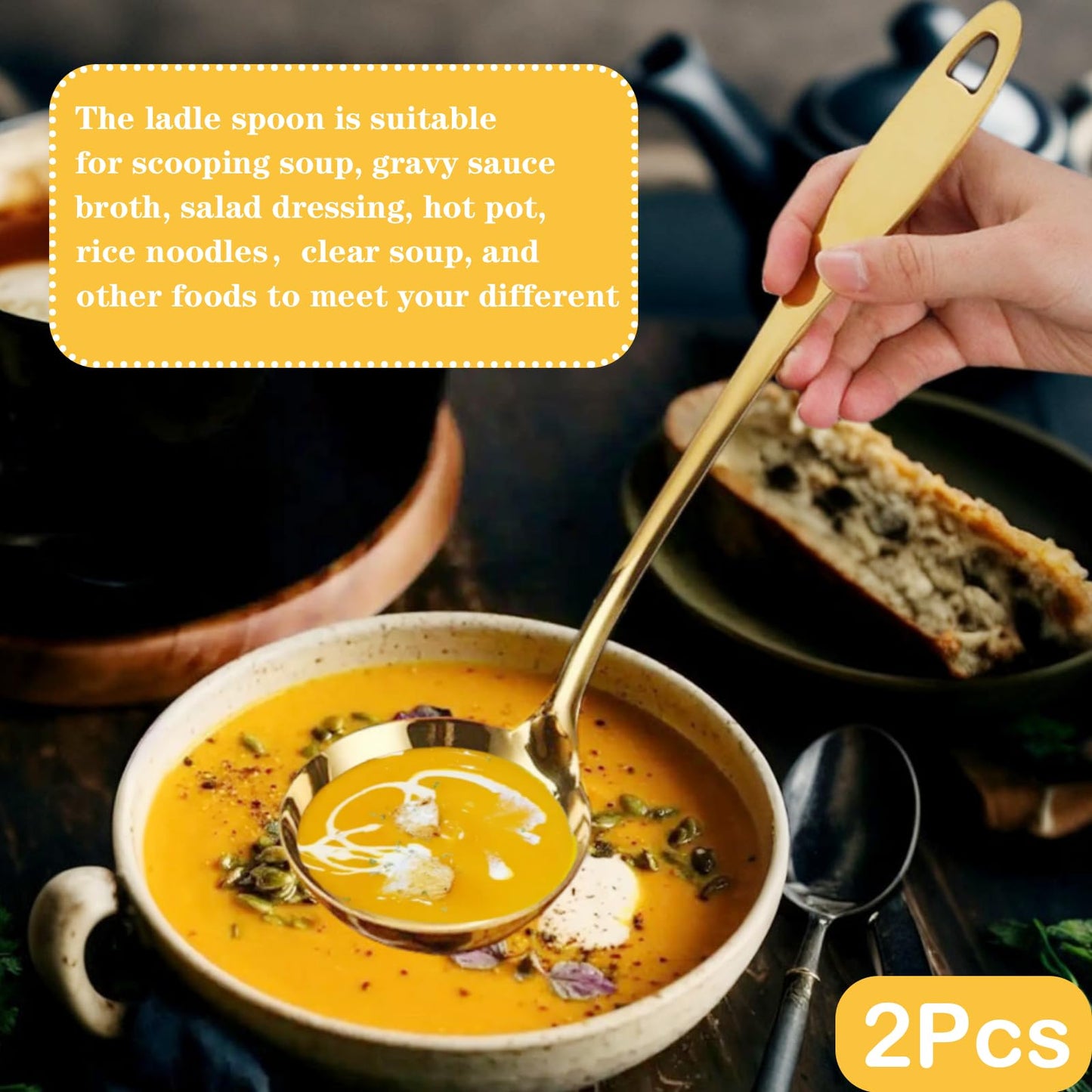 Bigwinyep 2Pcs Soup Ladle Soup Spoons 304 Stainless Steel Gold Ladle, 12.2Inch Long Handle Large Serving Spoon for Cooking Buffet, Party, Kitchen, Gold