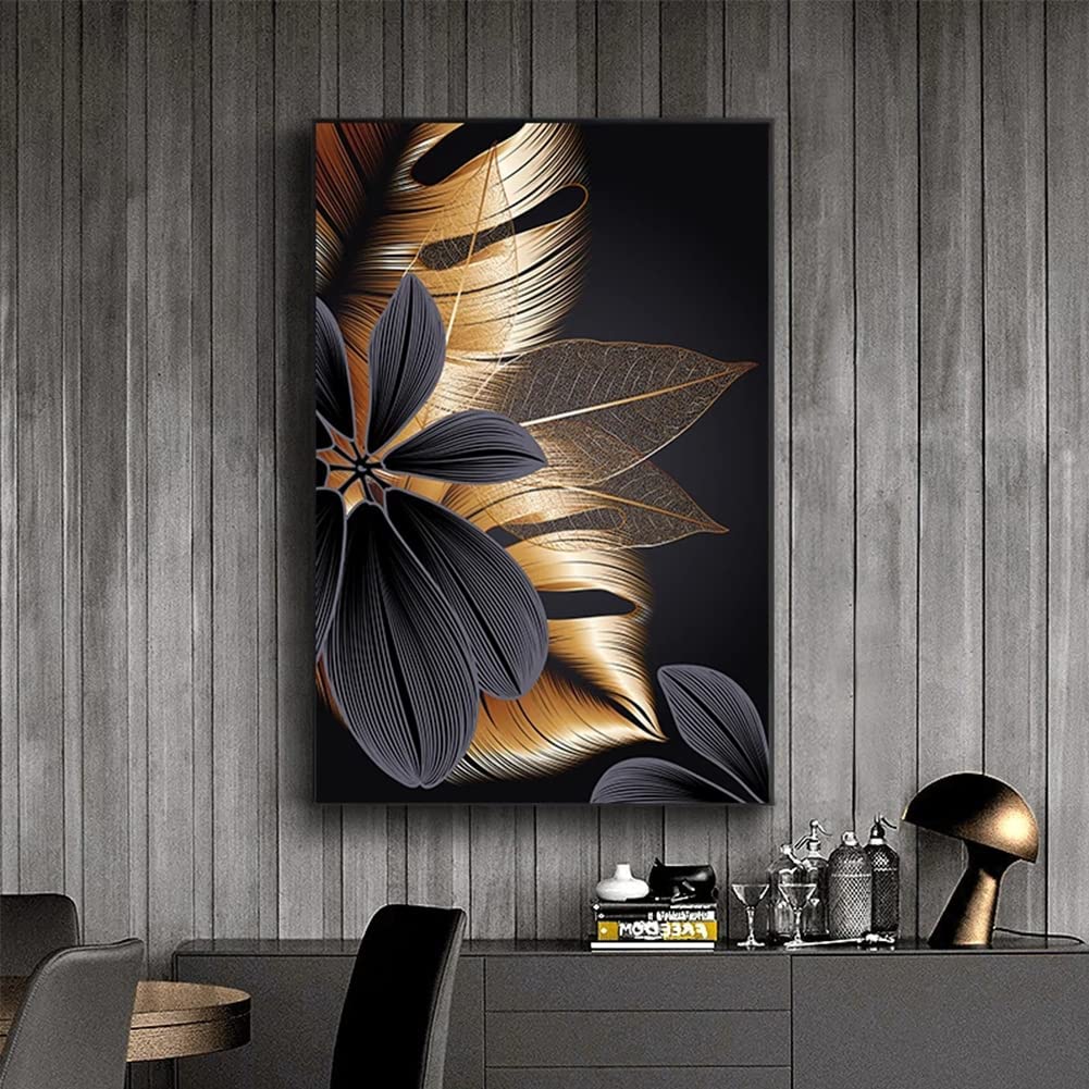 ConBlom Set of 3 Canvas Wall Art Painting - Modern Abstract Black Golden Leaf Plant Nordic Decorative Artwork for Bedroom Kitchen Living Room Home Decor (40 x 60cm- No Frame)