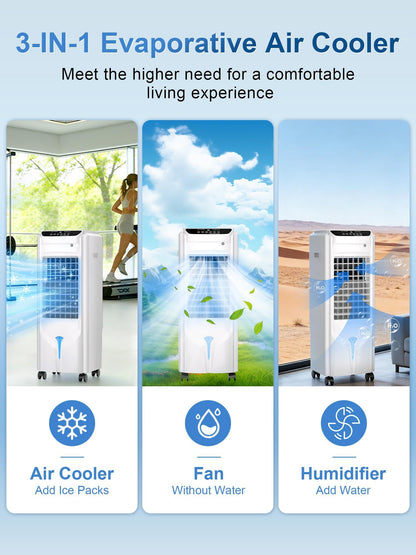 Uthfy Evaporative Air Cooler with 4 Modes, 3 Speed, 4.2 Gal Water Tank, 32" Swamp Cooler with 4 Ice Packs, 120° Oscillation, Remote, 12 H Timer, Portable Air Conditioner for Large Room, Office