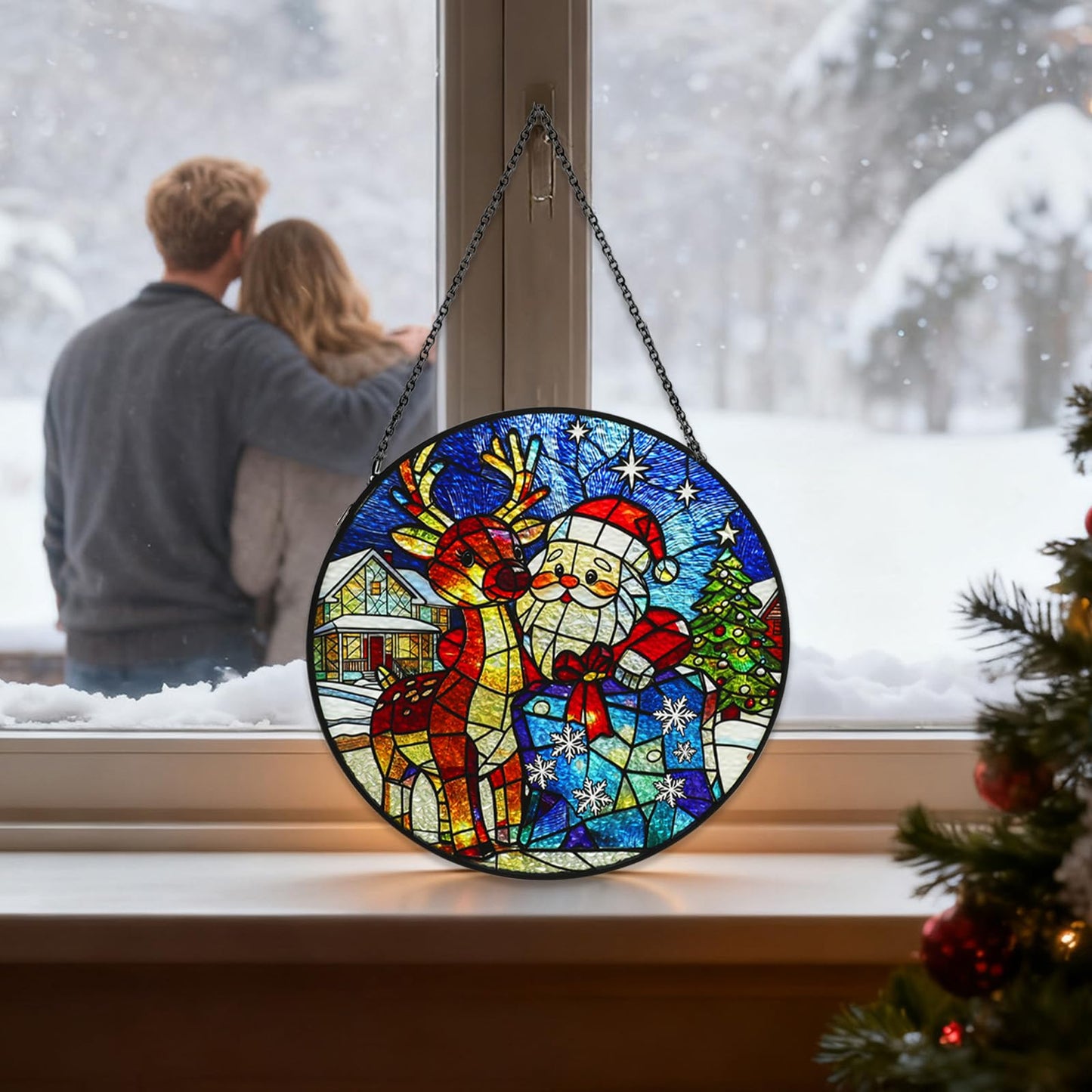 Stained Glass Window Hanging, Cross Suncatcher for Window Decor (Red)