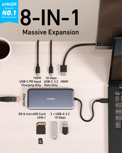 Anker 555 USB-C Docking Hub (8-in-1) PowerExpand Adapter, 85W Power Delivery, 4K 60Hz HDMI, 10Gbps USB-C & 2 USB-A Data Ports, Ethernet Port, MicroSD & SD Memory Card Reader, for MacBook Pro and More