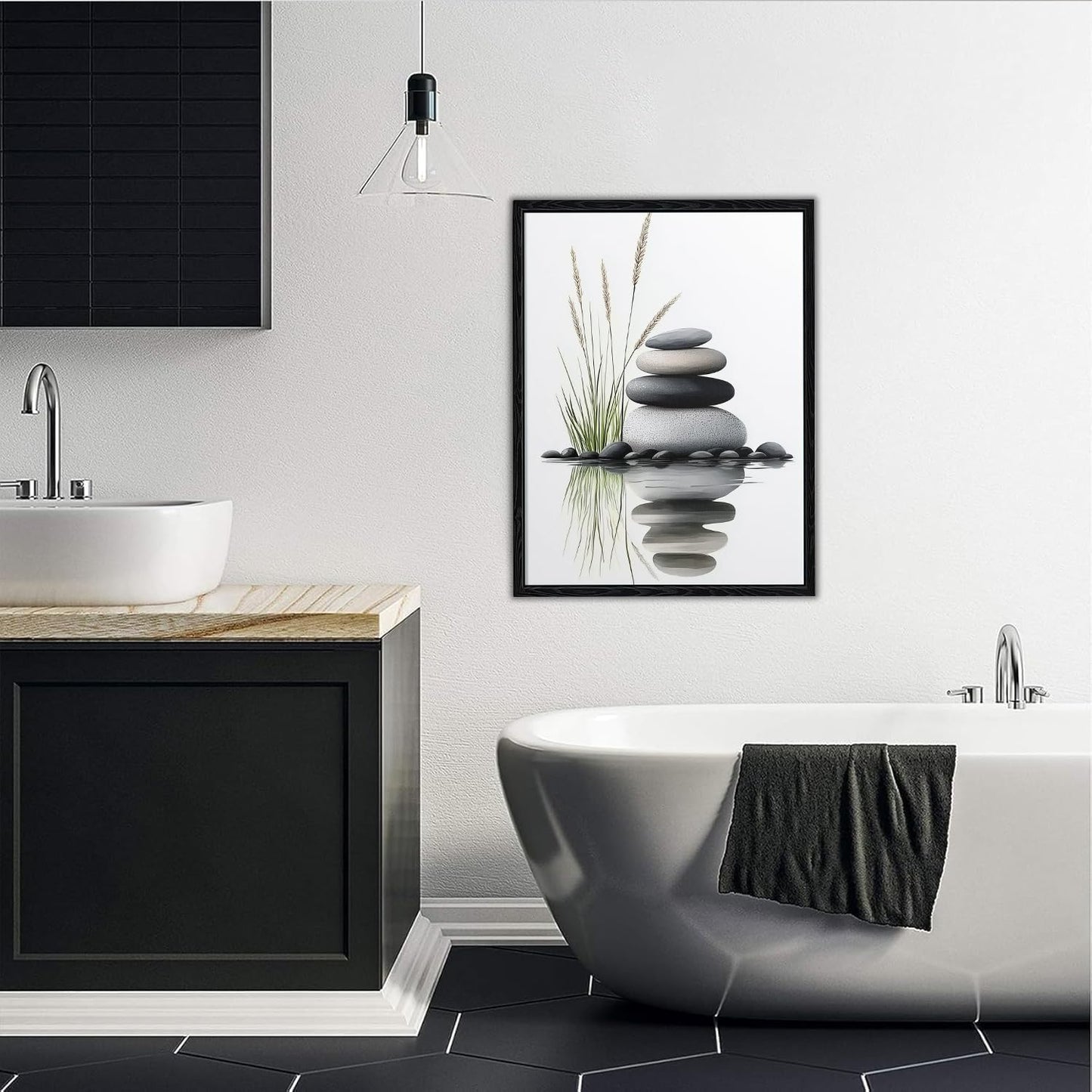 Serene Zen Stacked Stones with Water Reflection Canvas Wall Art - Cozy Modern Minimalist Spa Decor for Bathroom Bedroom Living Room - HD Waterproof Premium Stretched Framed Ready to Hang 12x16 Inches