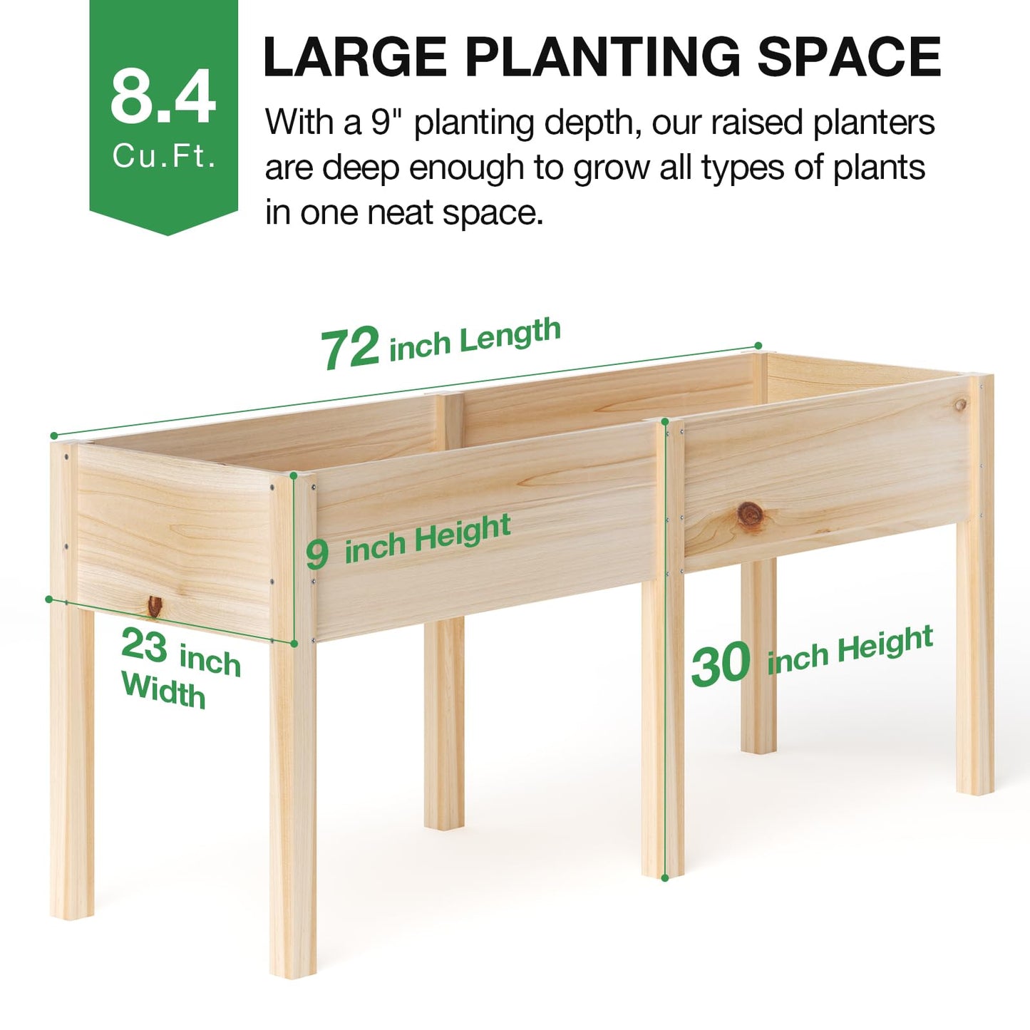 MIXC 72”L X 23”W Raised Garden Bed Outdoors with Legs, Elevated Reinforced Wooden Large Planter Box for Backyard, Patio, Balcony w/Divider Panel, 6 Legs, 300lb Capacity