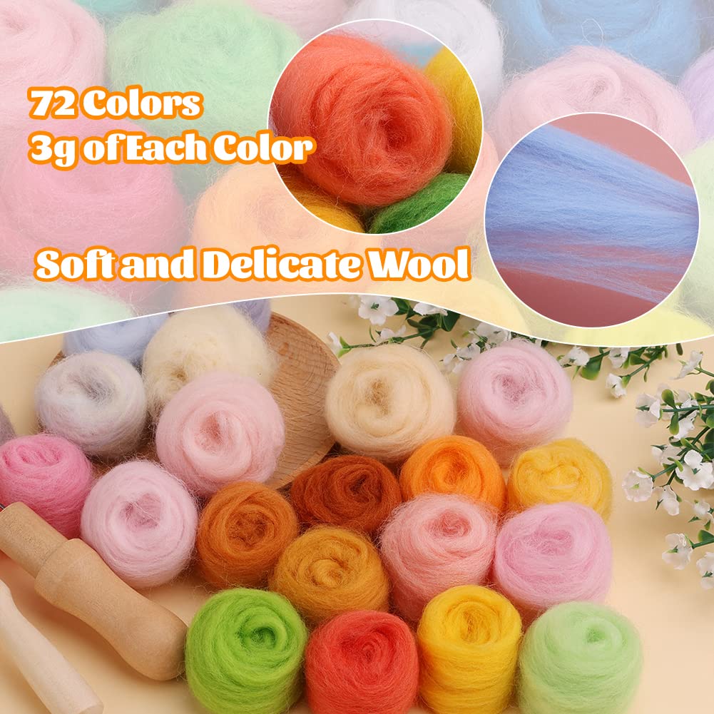 luokefe Needle Felting Kit, 72 Colors Felt Wool Roving, Felting Starter Kit with Needles, Basic Tools and Accessories for DIY Crafts Wool Fibre Hand Spinning for Beginners