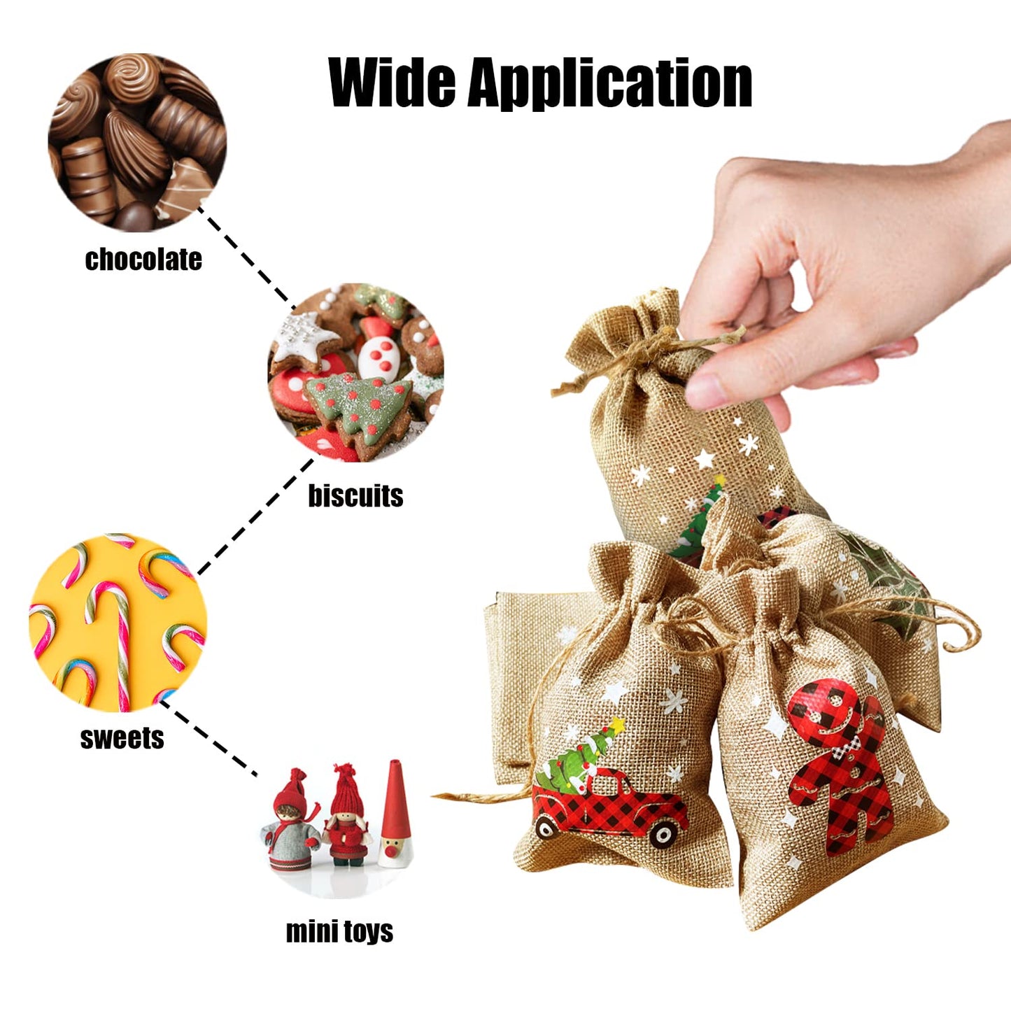CCINEE 36pcs Christmas Burlap Bags, 4×6 Inch Drawstrings Christmas Linen Goody Gift Candy Bags with Double Jute Drawstrings for Candy Wrapper Xmas Party Favors