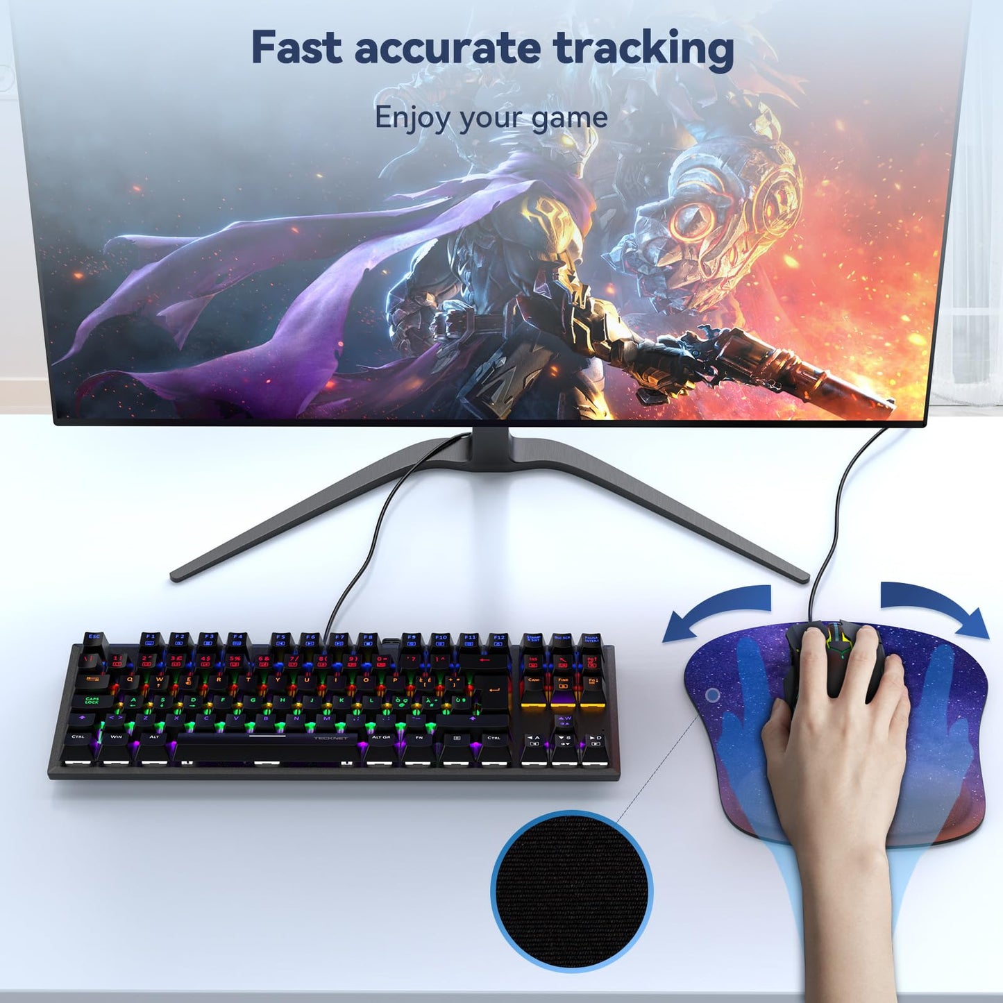 TECKNET Mouse Pad with Wrist Support, Ergonomic Gaming Mouse Pad Pain Relief, Portable Comfortable Mousepad for Computer, Laptop, Office, Home - Non-Slip Base, Waterproof Surface - Dark Purple Galaxy