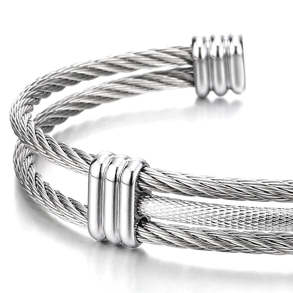 COOLSTEELANDBEYOND Men Women Stainless Steel Twisted Cable Adjustable Cuff Bangle Bracelet Silver Color