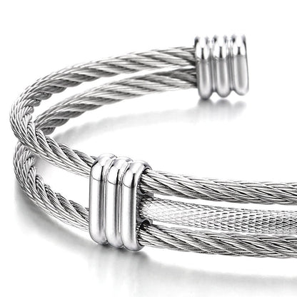 COOLSTEELANDBEYOND Men Women Stainless Steel Twisted Cable Adjustable Cuff Bangle Bracelet Silver Color