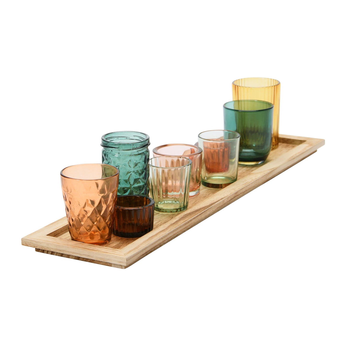Creative Co-Op Round Glass Votive Holders on Wood Tray, Multicolor, Set of 9