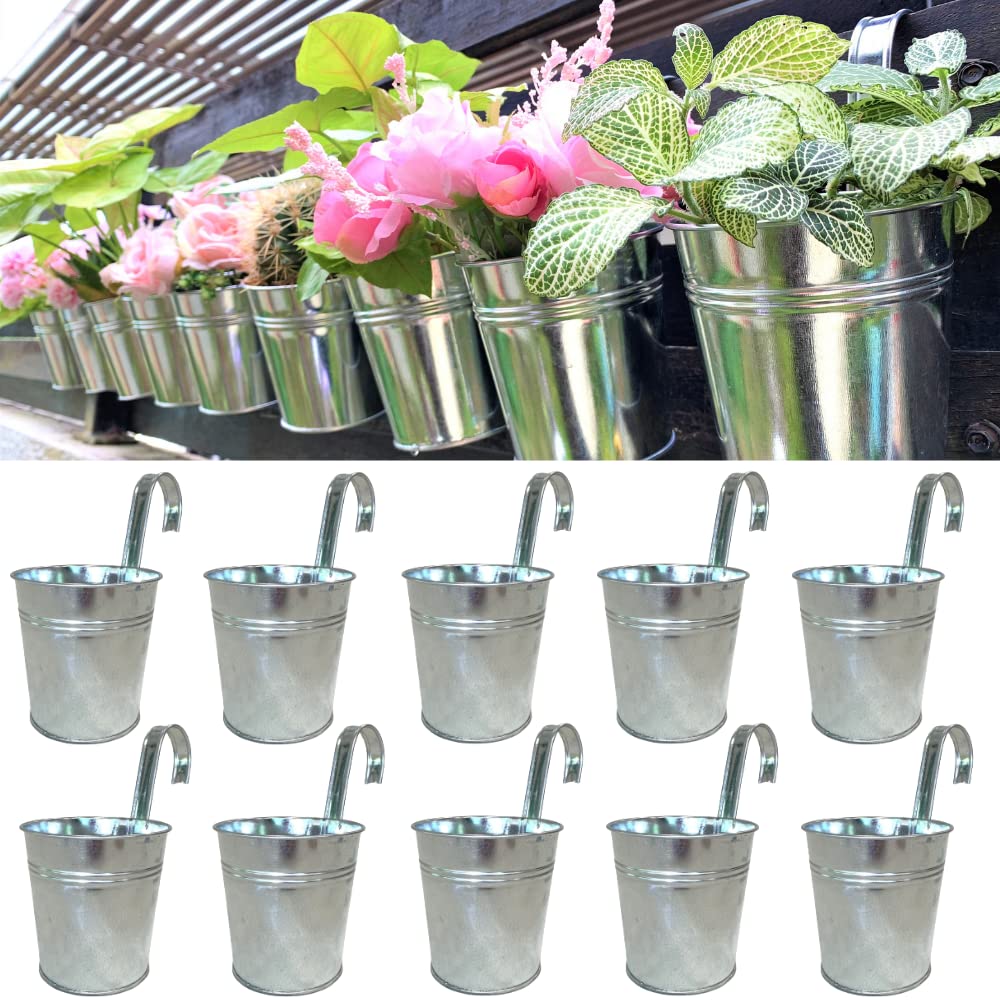 LaLaGreen Fence Planters for Outdoor Plants (10 Pack, 6 Inch) Railing Planter Metal Herb Garden Pots Outdoor, Hanging Silver Flower Buckets for Outside Wall Deck Patio Balcony Rail Farmhouse Rustic