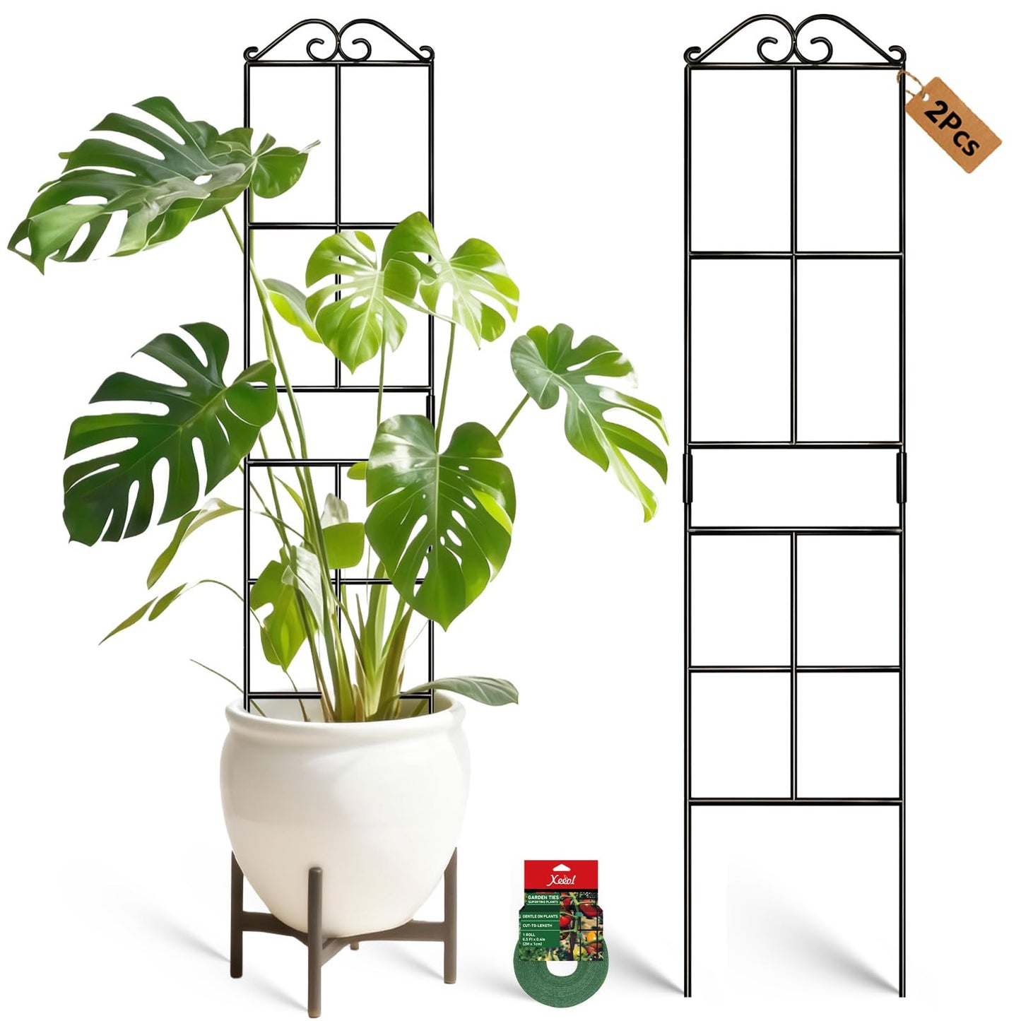 Xeeol 31.8'' Stackable Plant Trellis Indoor, Metal Trellis for Climbing Plants Indoor, House Plant Support with Soft Ties for Monstera Hoya Pothos, 2P