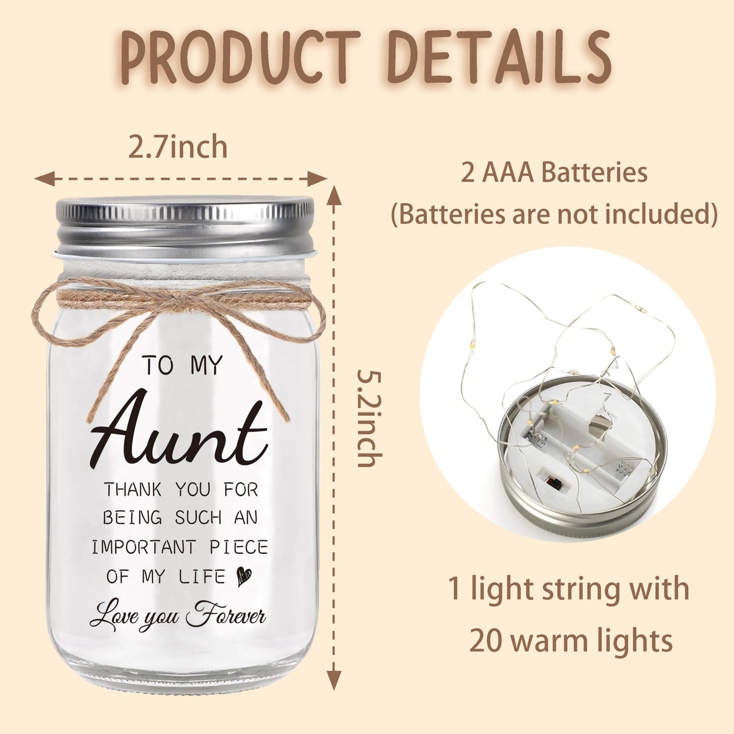 YOISTREVISK Aunt Gifts from Niece - Mason Jar Night Lights, Best Aunt Ever Gifts for Christmas Mother's Day Wedding and Birthday Desk Decorations Present