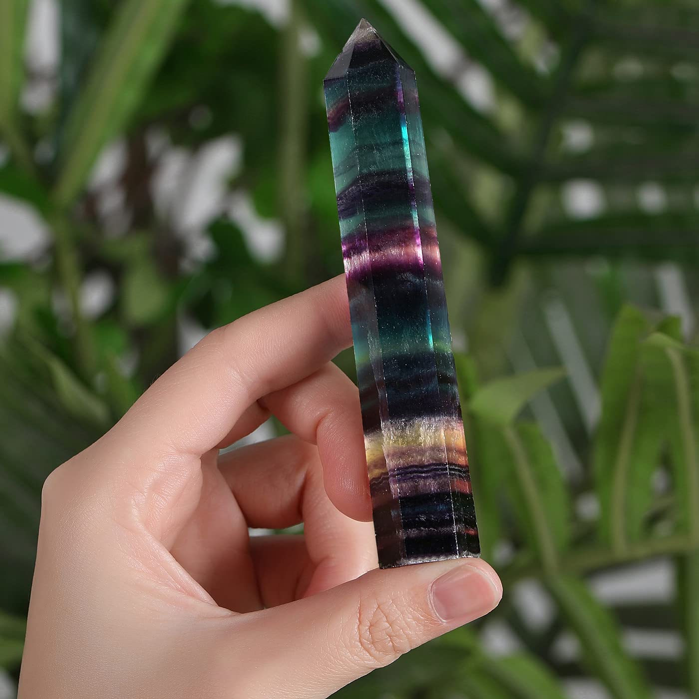 ZHIYUXI 3.7-4" Fluorite Crystal Wand Healing Crystals Tower Gemstones Hexagonal Pointed Crystal Stone Large Crystals Reiki Fluorite Stone Energy Balancing Meditation Therapy Decoration 1 Pc