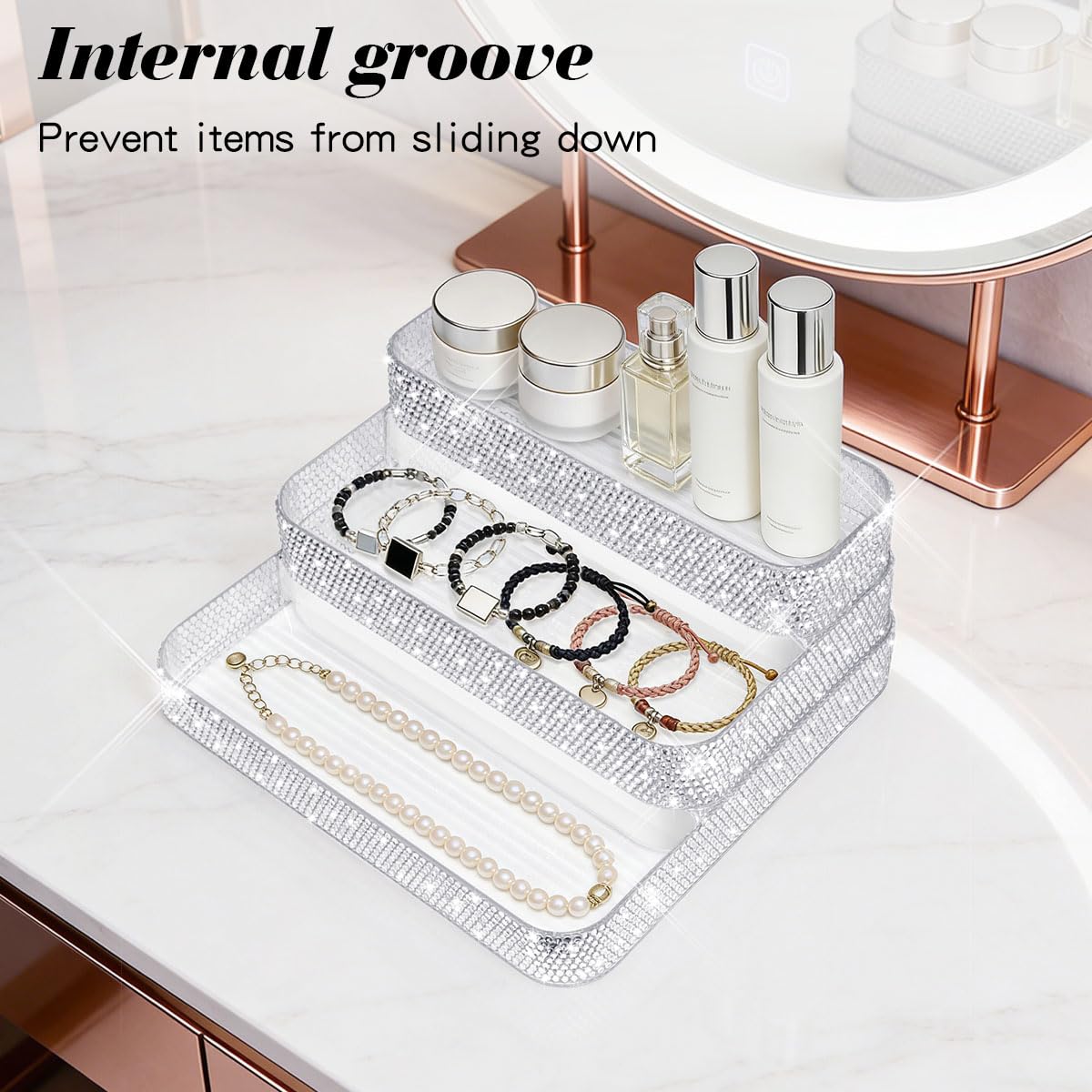 Mifoneix Bling Perfume Organizer Three-Tiered Shelf, Sparkle Perfume Lotion Skincare Stand, Shiny Spice Vitamins Bottles Holder, Glitter Sturdy Rack for Bathroom Countertop Cabinet Storage
