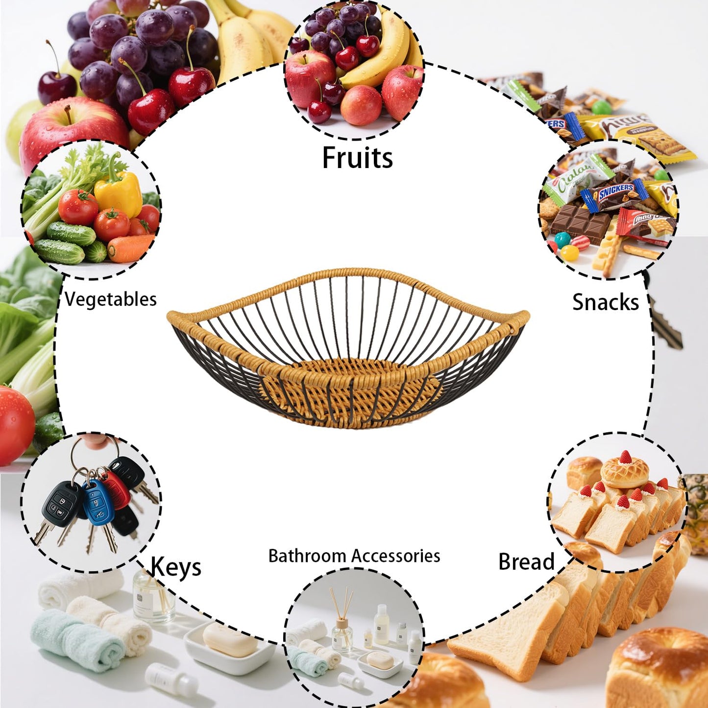 Vine Woven Iron Fruit Bowl, Metal Wire Fruit Basket, Vegetable Drain Basket, Storage Baskets for kitchen counter, countertop,Snacks, Candy, Bread,Cosmetics,Table decorative(10 x 2.95 Inches)