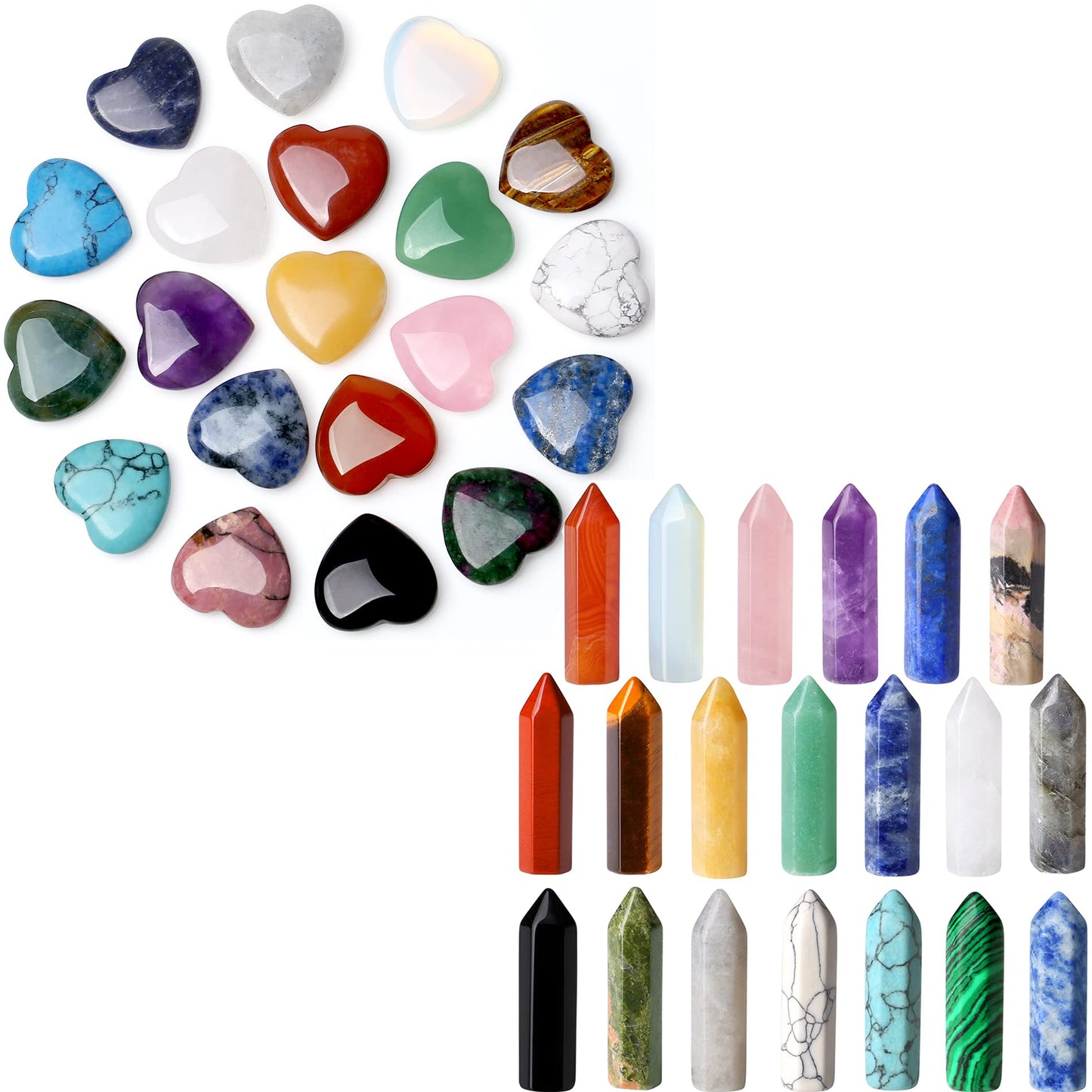 Bundle of 20 PCS Crystals Wands and 20 PCS Natural Heart Crystals Healing Crystal Palm Pocket Stones Polished Love Shaped Gemstones Rose Quartz Amethyst Assorted Set Bulk Wholesale Reiki Energy Balanc