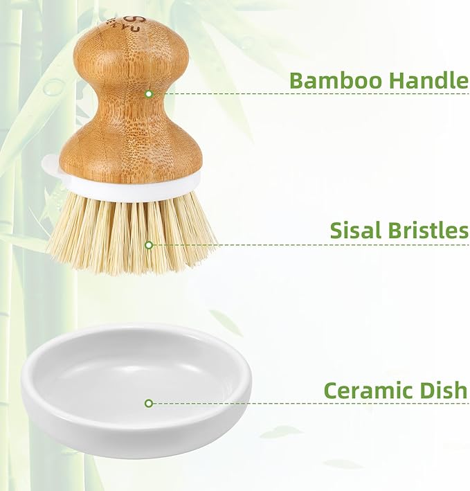 SUBEKYU Bamboo Dish Brush, Kitchen Dish Scrubber Brush, Natural Wooden