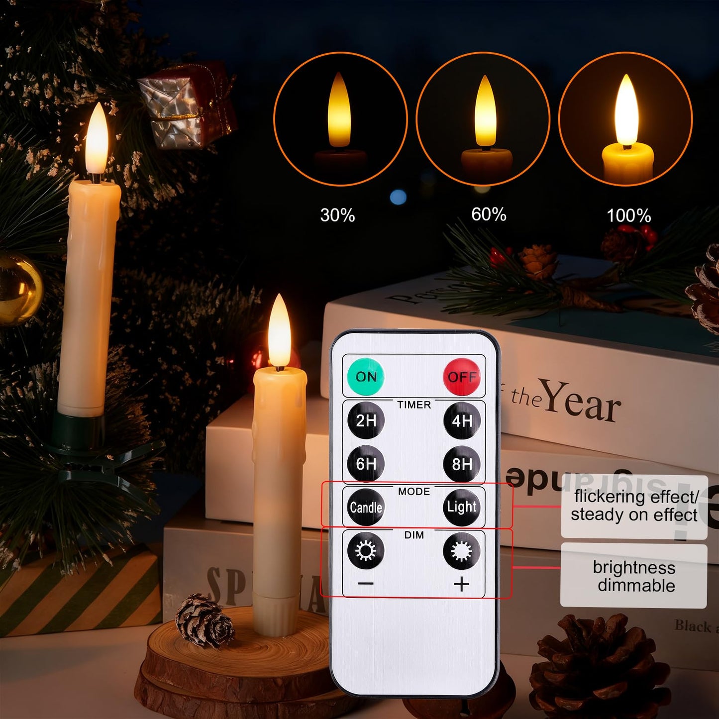 IMAGE 12Pcs LED Taper Candles Light Set 5.3 inches Dripping Flameless 3D Wick Ivory Candles with Clip-on Christmas Tree Design, 10-Key Remote with Timer, Warm White Light Battery Operated for Decor