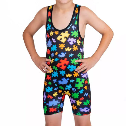 KO Sports Gear Unisex Wrestling Singlet for Adult Wrestlers - Wrestling Singlet for Men & Women - Bold Durable Uniform, Stretchy Breathable Material - Autism Awareness, Adult X-Small